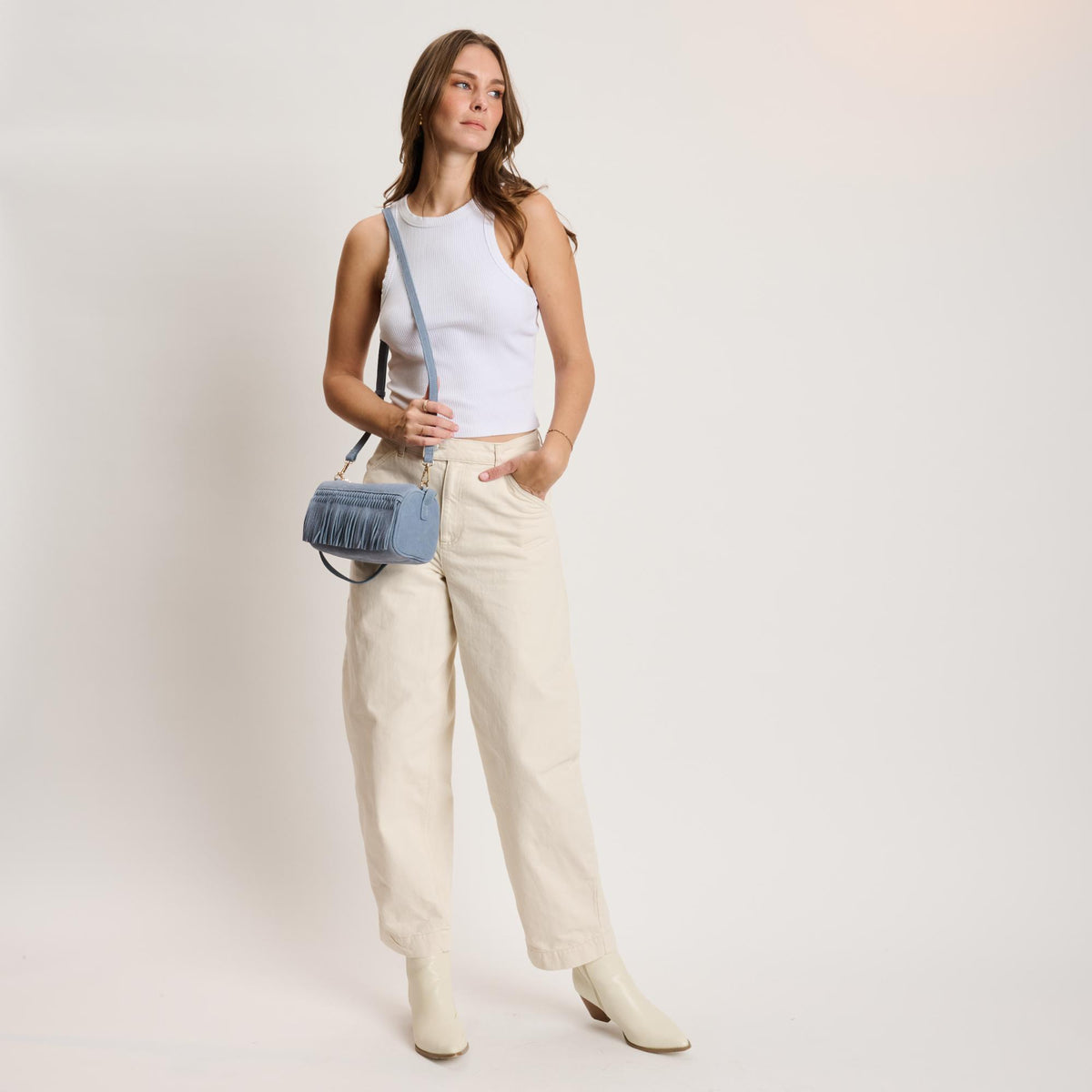 Woman wearing Slate Moda Luxe Emmi Shoulder Bag 842017140474 View 2 | Slate