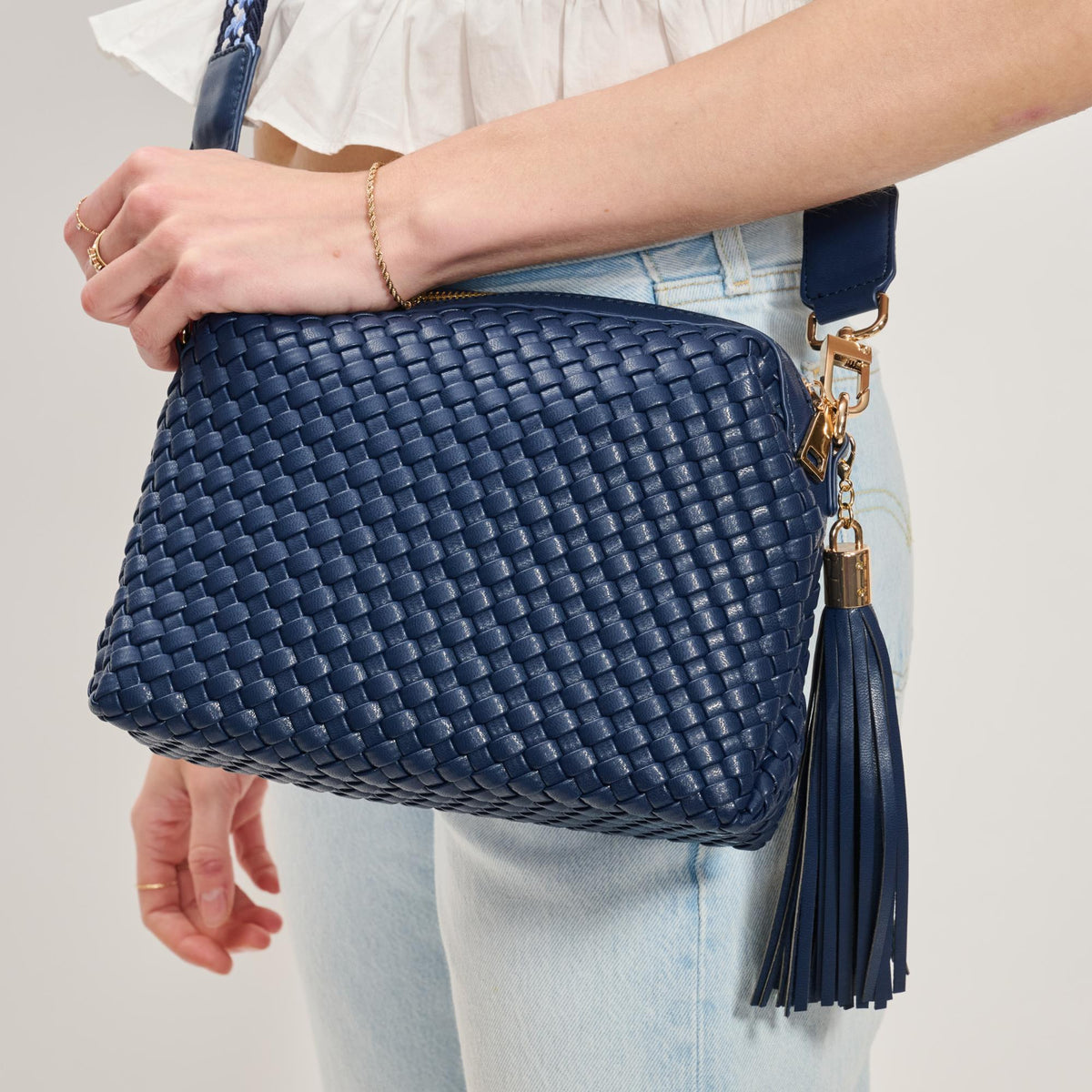 Woman wearing Navy Moda Luxe Roxana Crossbody 842017137467 View 4 | Navy