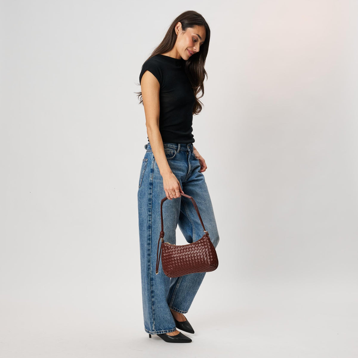 Woman wearing Chocolate Moda Luxe Cindy Shoulder Bag 842017142713 View 4 | Chocolate