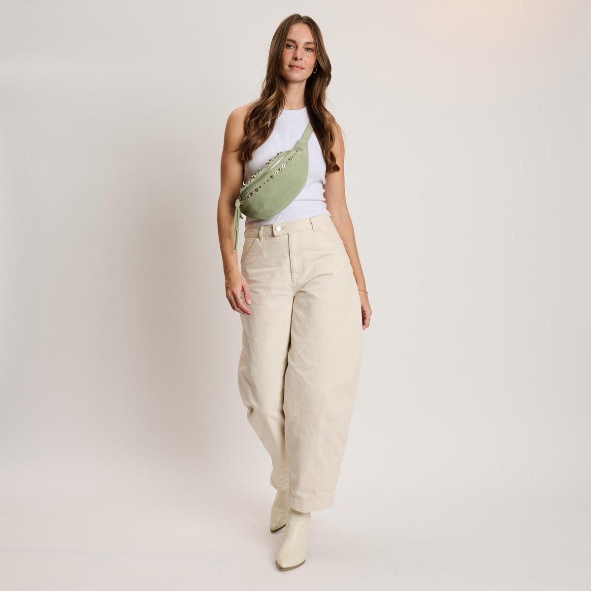 Woman wearing Sage Moda Luxe Star Belt Bag 842017140610 View 2 | Sage