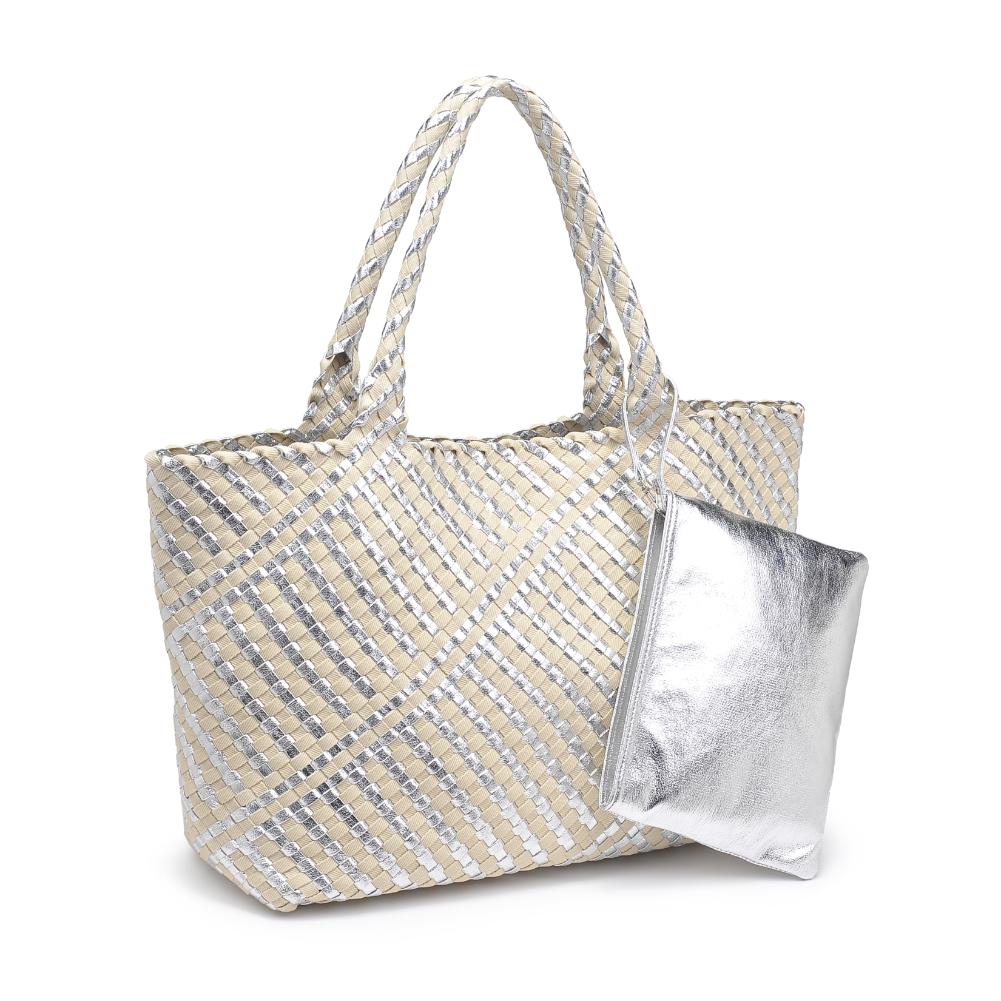 Woman wearing Silver Ivory Moda Luxe Solana - Mixed Material Tote 842017136866 View 6 | Silver Ivory