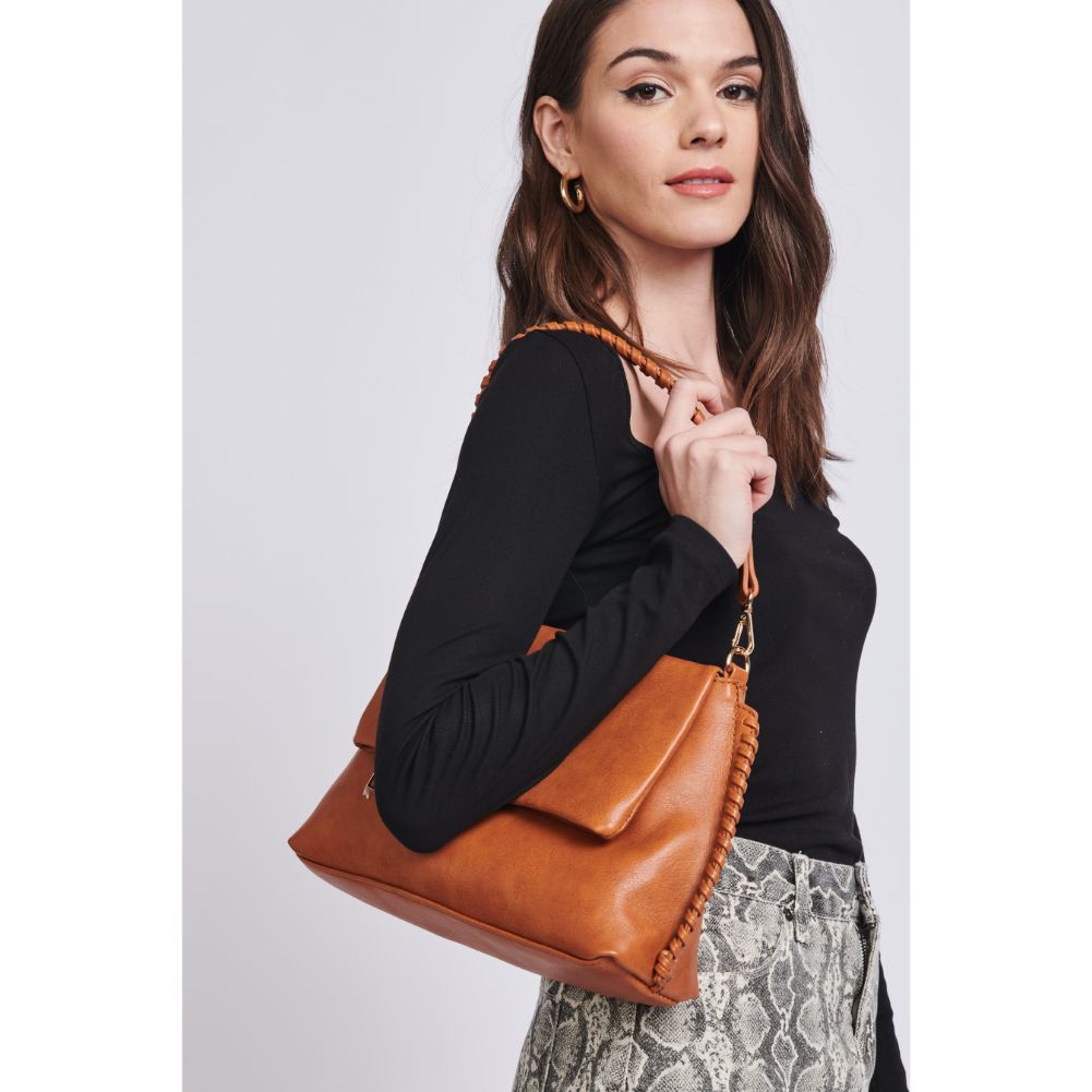 Woman wearing Tan Moda Luxe Gracie Messenger 842017129776 View 3 | Tan