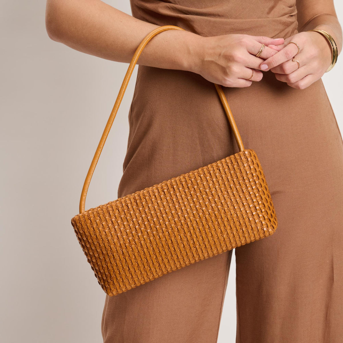 Woman wearing Tan Moda Luxe Lucy Shoulder Bag 842017140351 View 1 | Tan