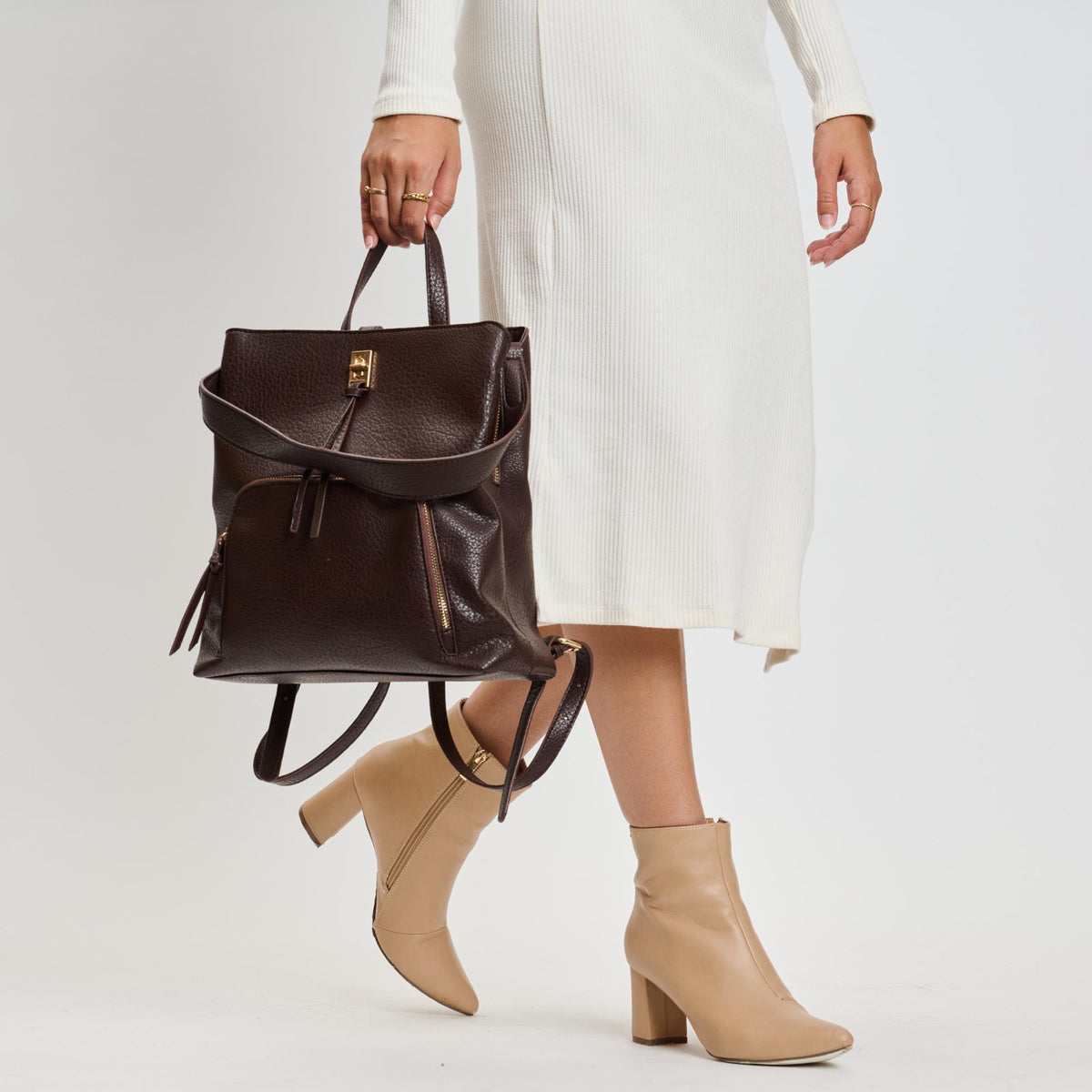Woman wearing Espresso Moda Luxe Genevieve Backpack 842017136095 View 3 | Espresso
