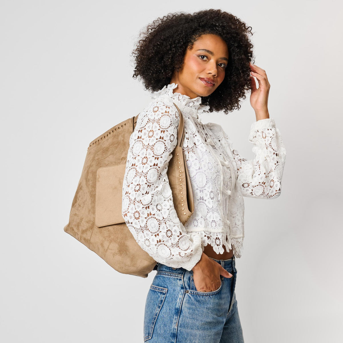 Woman wearing Taupe Moda Luxe Miranda Tote 842017142966 View 2 | Taupe