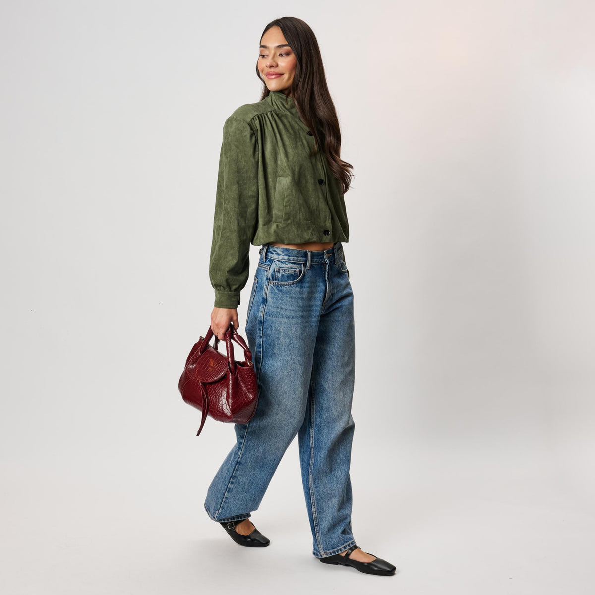 Woman wearing Burgundy Moda Luxe Amaya Satchel 842017142553 View 4 | Burgundy