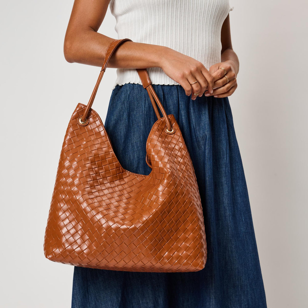 Woman wearing Cognac Moda Luxe Ezia Hobo 842017142744 View 2 | Cognac
