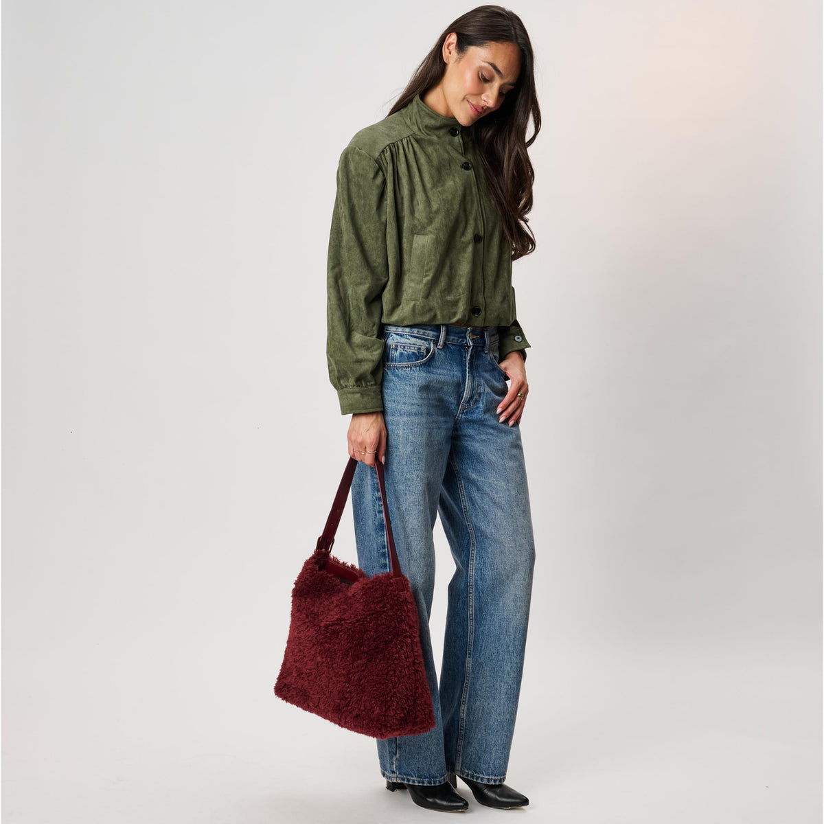 Woman wearing Burgundy Moda Luxe Neve Sherpa Tote 842017142447 View 3 | Burgundy