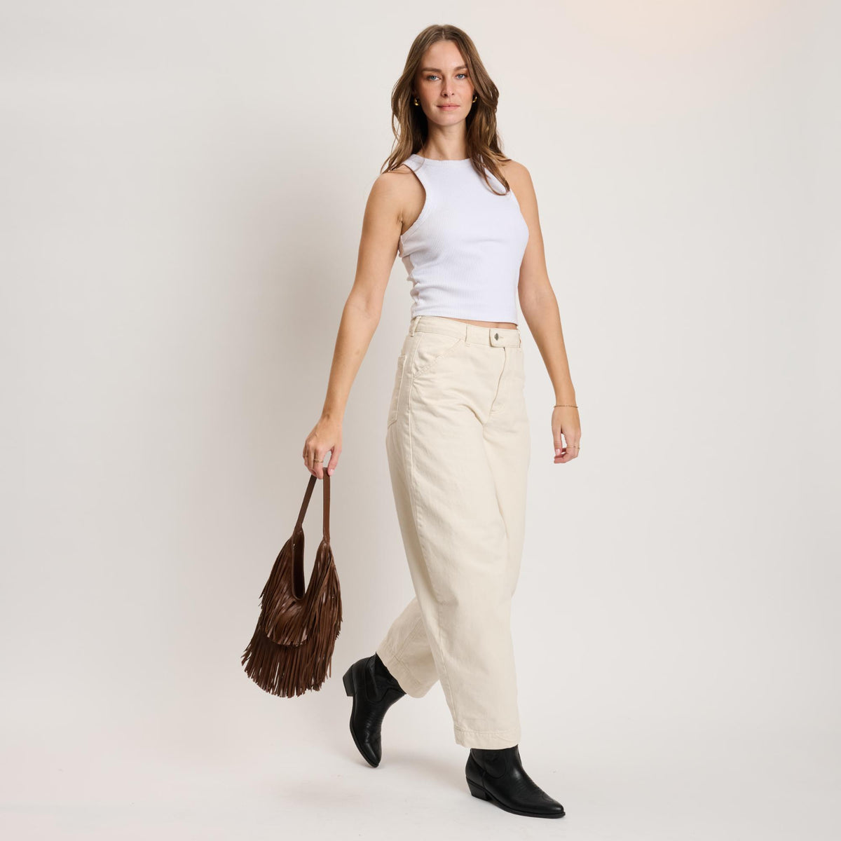 Woman wearing Chocolate Moda Luxe Stevie Hobo 842017141112 View 2 | Chocolate