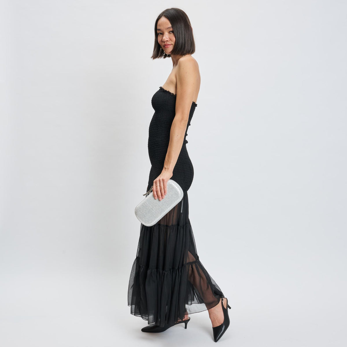 Woman wearing Silver Sol and Selene Victoria Evening Bag 842017139454 View 3 | Silver