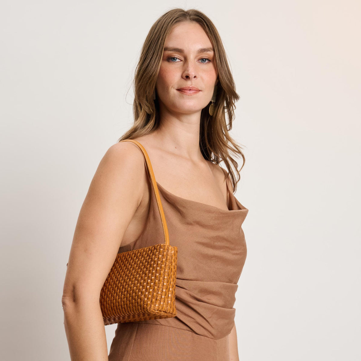 Woman wearing Tan Moda Luxe Lucy Shoulder Bag 842017140351 View 4 | Tan
