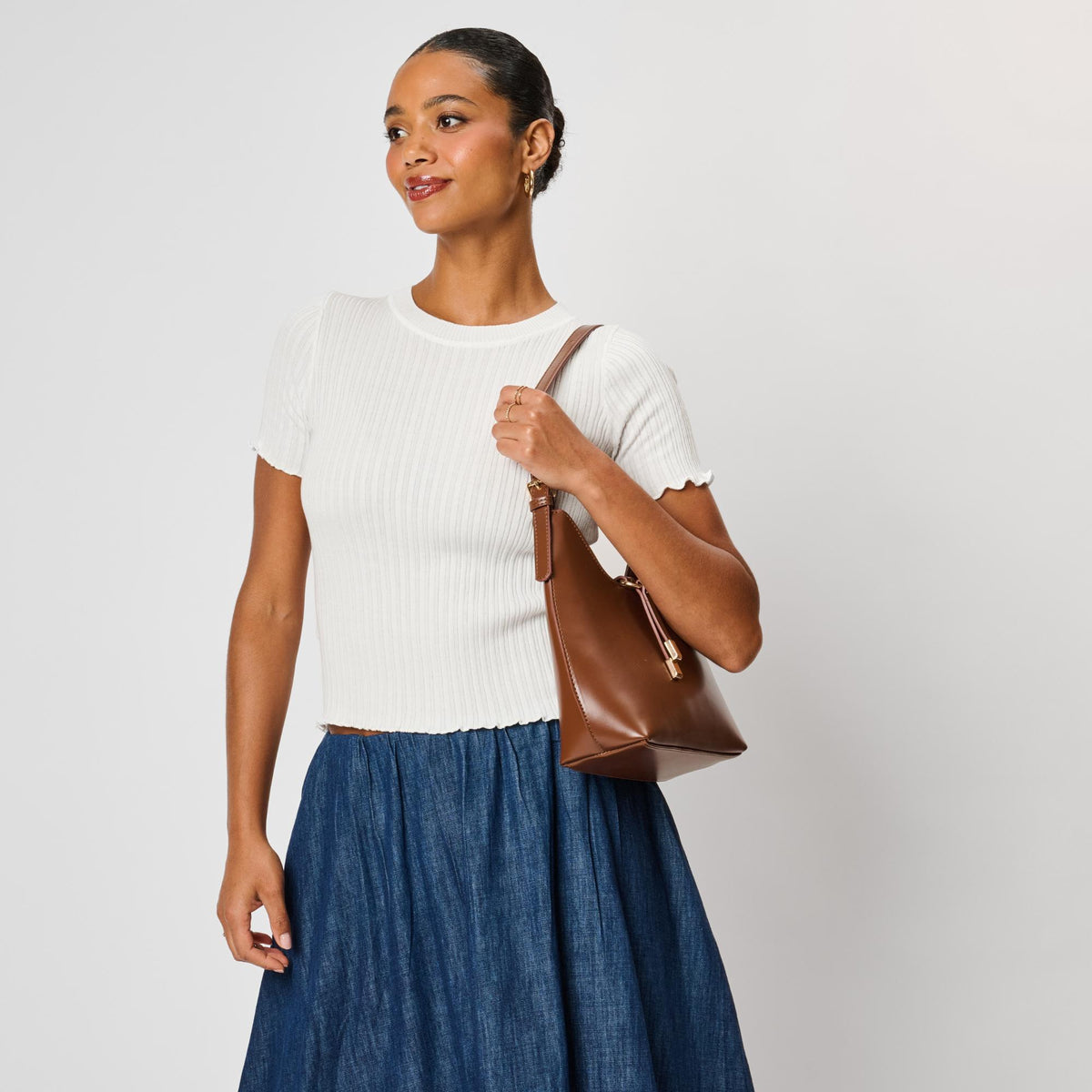 Woman wearing Chocolate Moda Luxe Blair Shoulder Bag 842017143246 View 2 | Chocolate