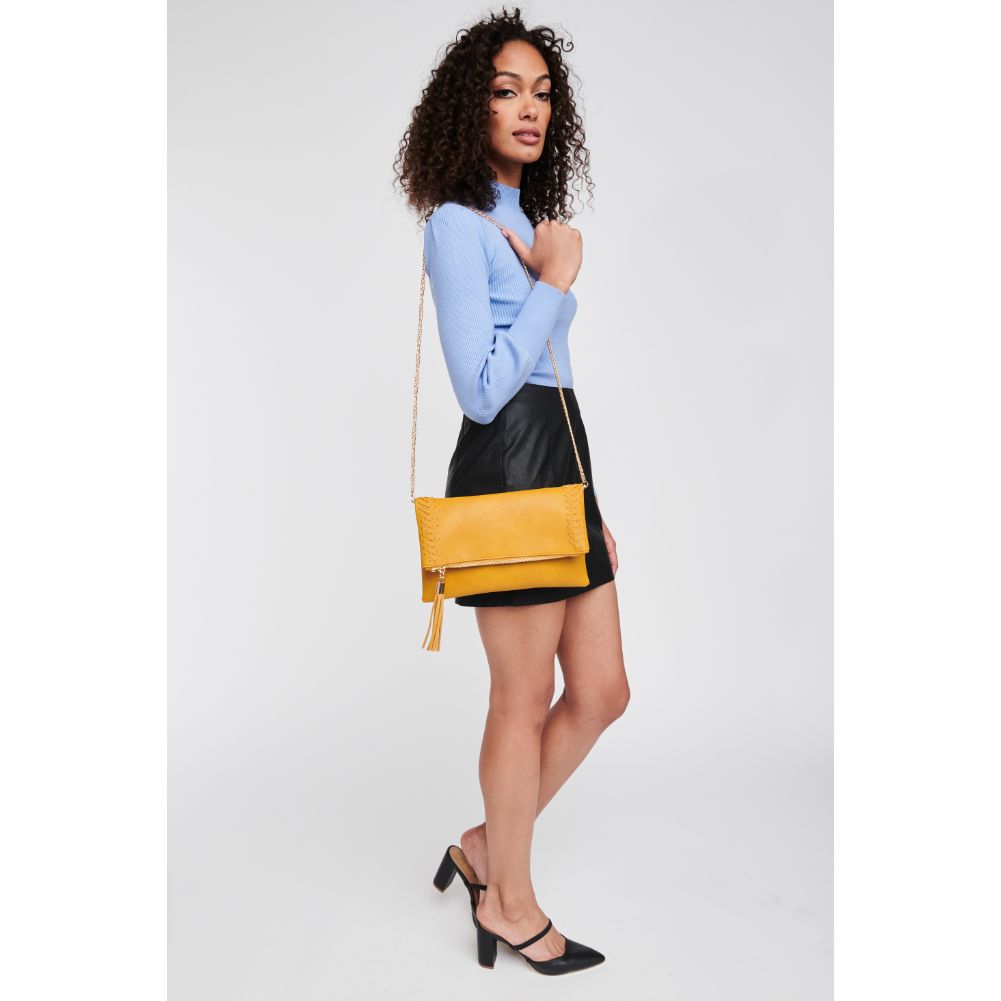 Woman wearing Mustard Moda Luxe Palermo Clutch 842017126676 View 4 | Mustard