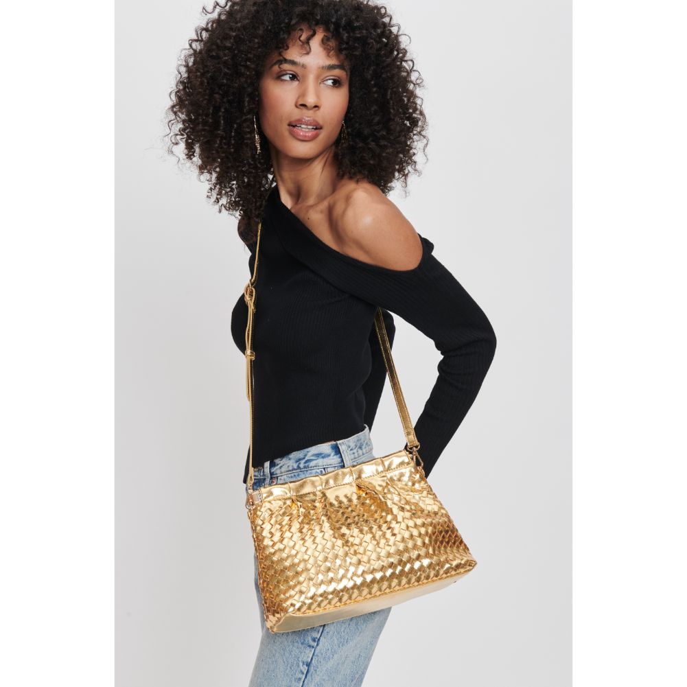 Woman wearing Gold Moda Luxe Katana Crossbody 842017132530 View 1 | Gold