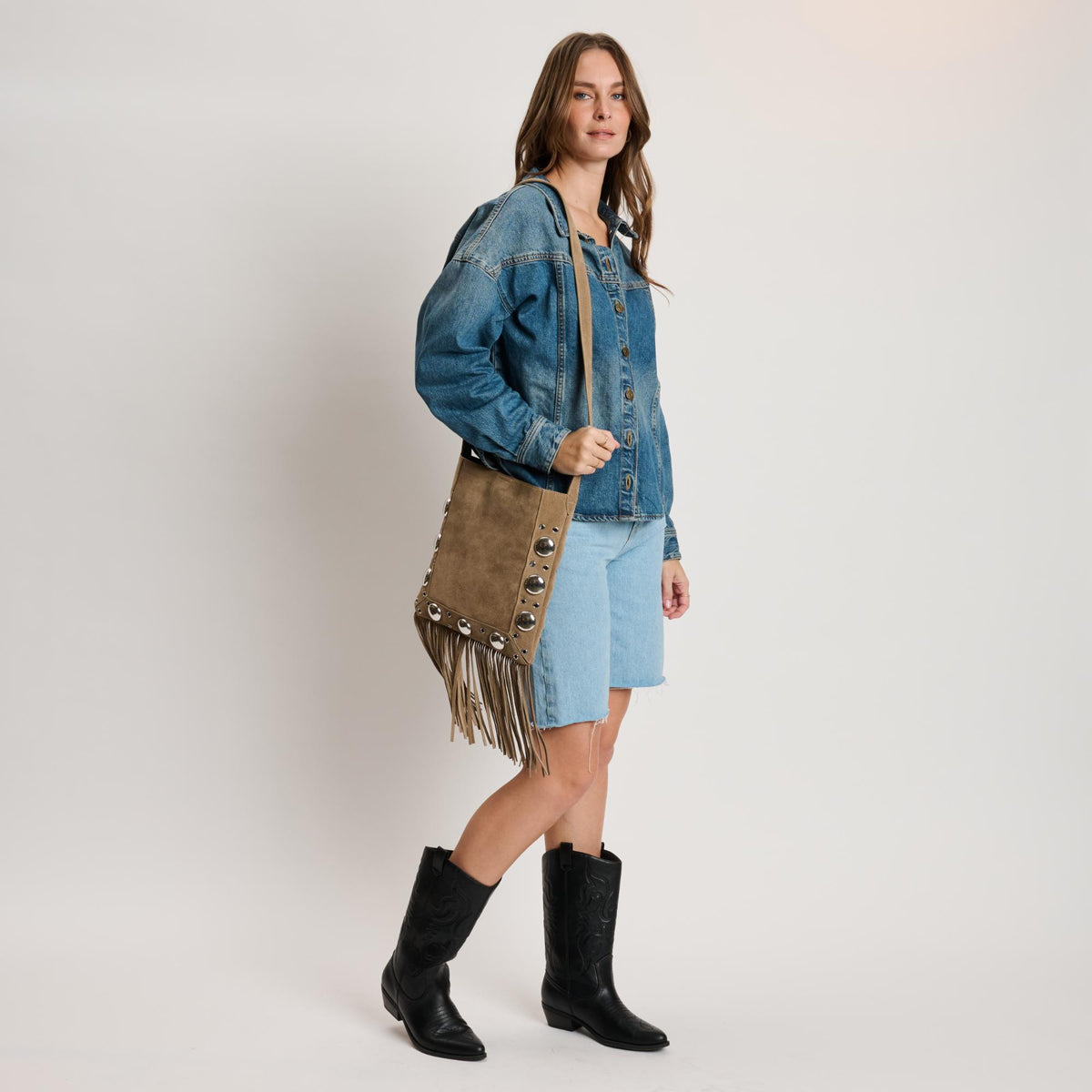 Woman wearing Sand Moda Luxe Courtney Crossbody 842017140573 View 3 | Sand