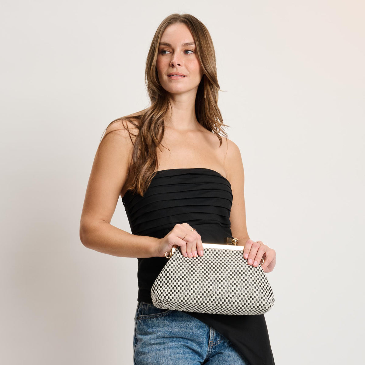 Woman wearing Black White Moda Luxe Bianca Clutch 842017141433 View 4 | Black White
