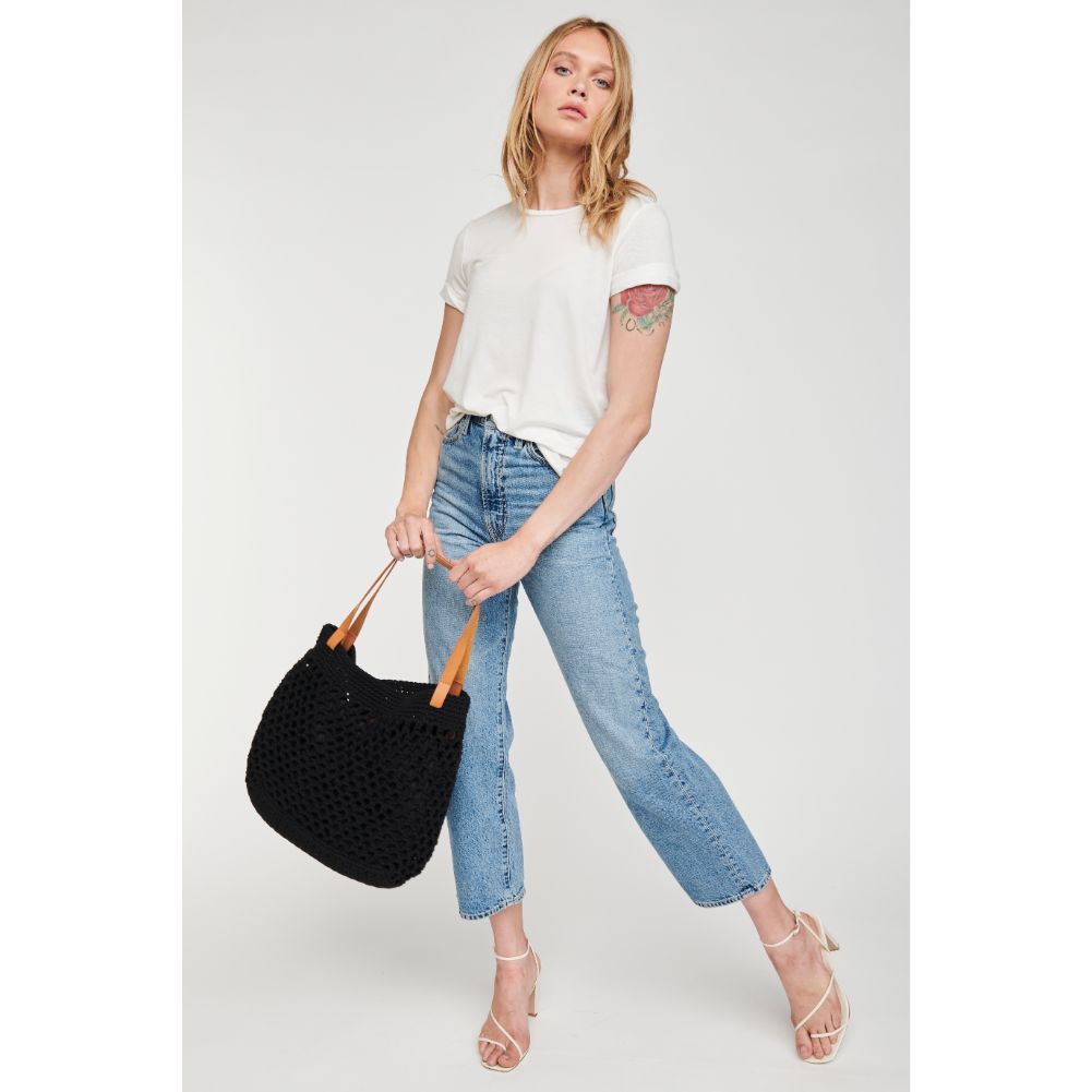 Woman wearing Black Moda Luxe Bacara Tote 842017105244 View 2 | Black
