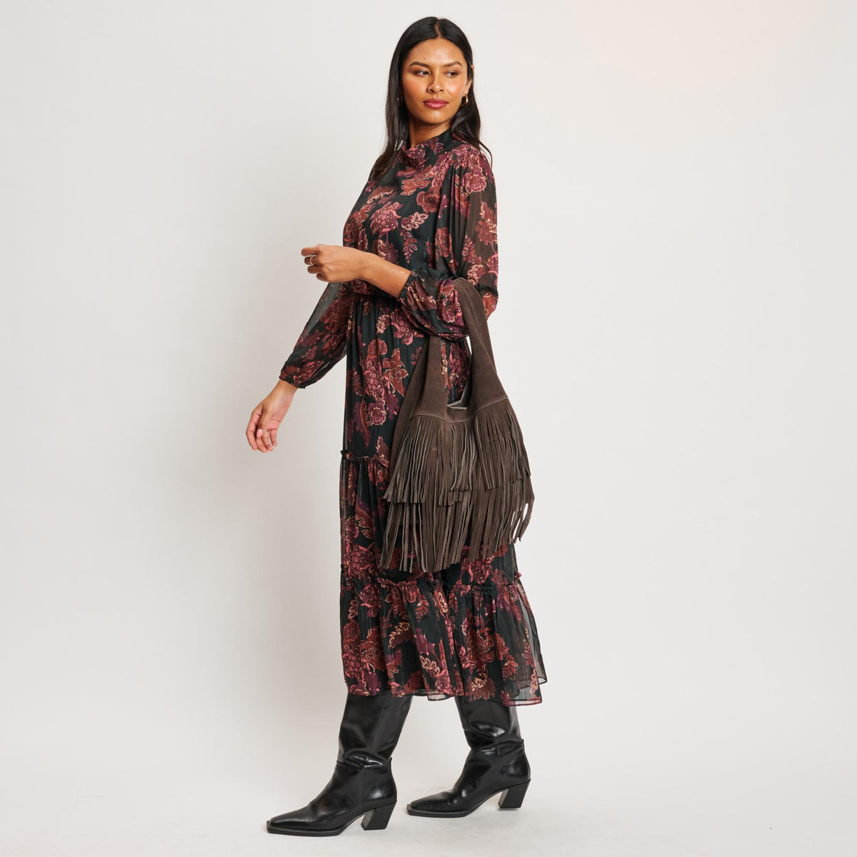 Woman wearing Chocolate Moda Luxe Hope Hobo 842017139096 View 3 | Chocolate