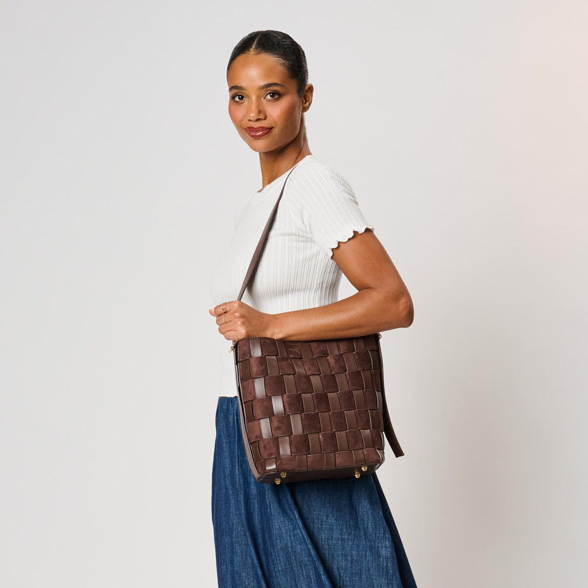 Woman wearing Chocolate Moda Luxe Naomi Bucket 842017142652 View 1 | Chocolate
