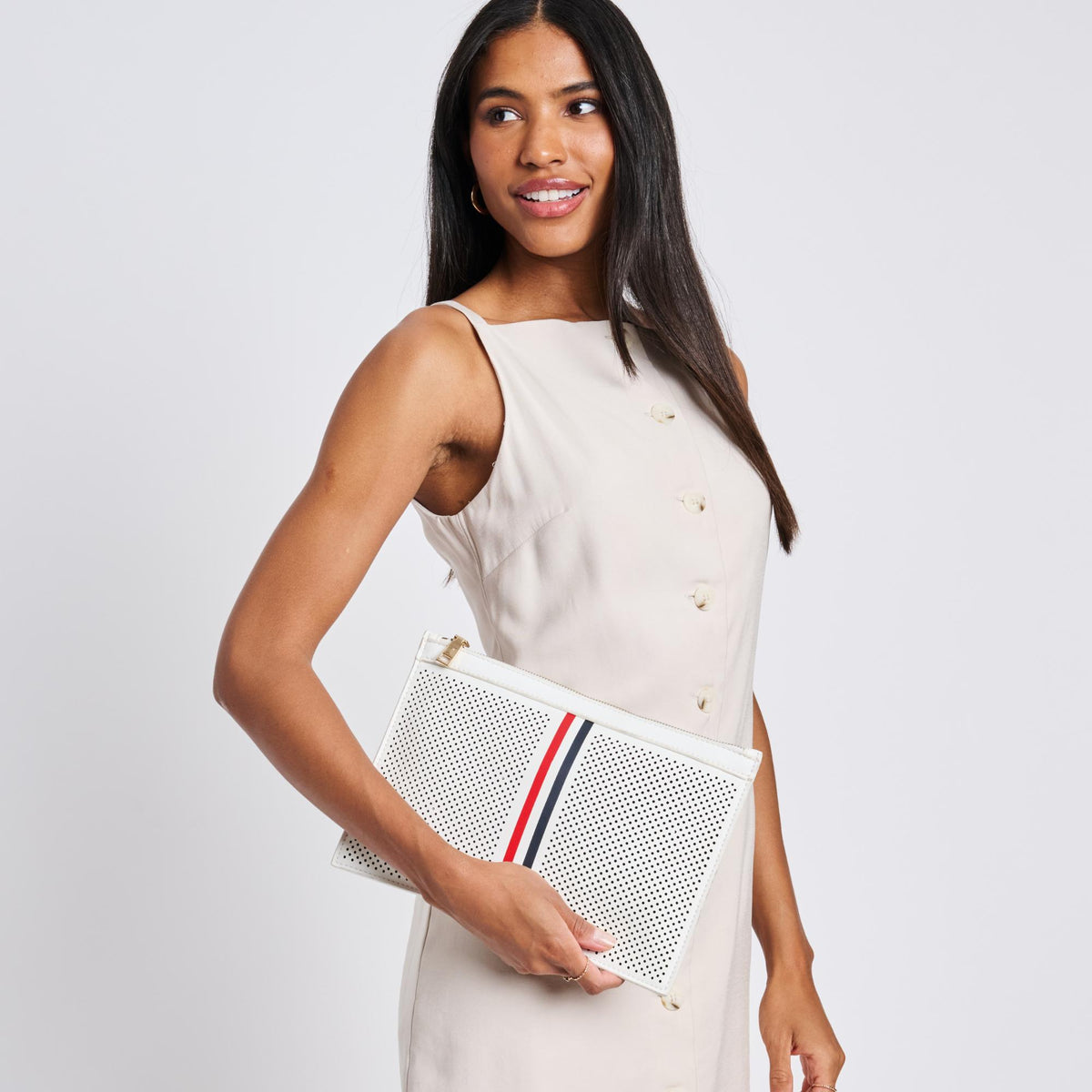 Woman wearing White Sol and Selene Frenchie Clutch 842017120223 View 2 | White
