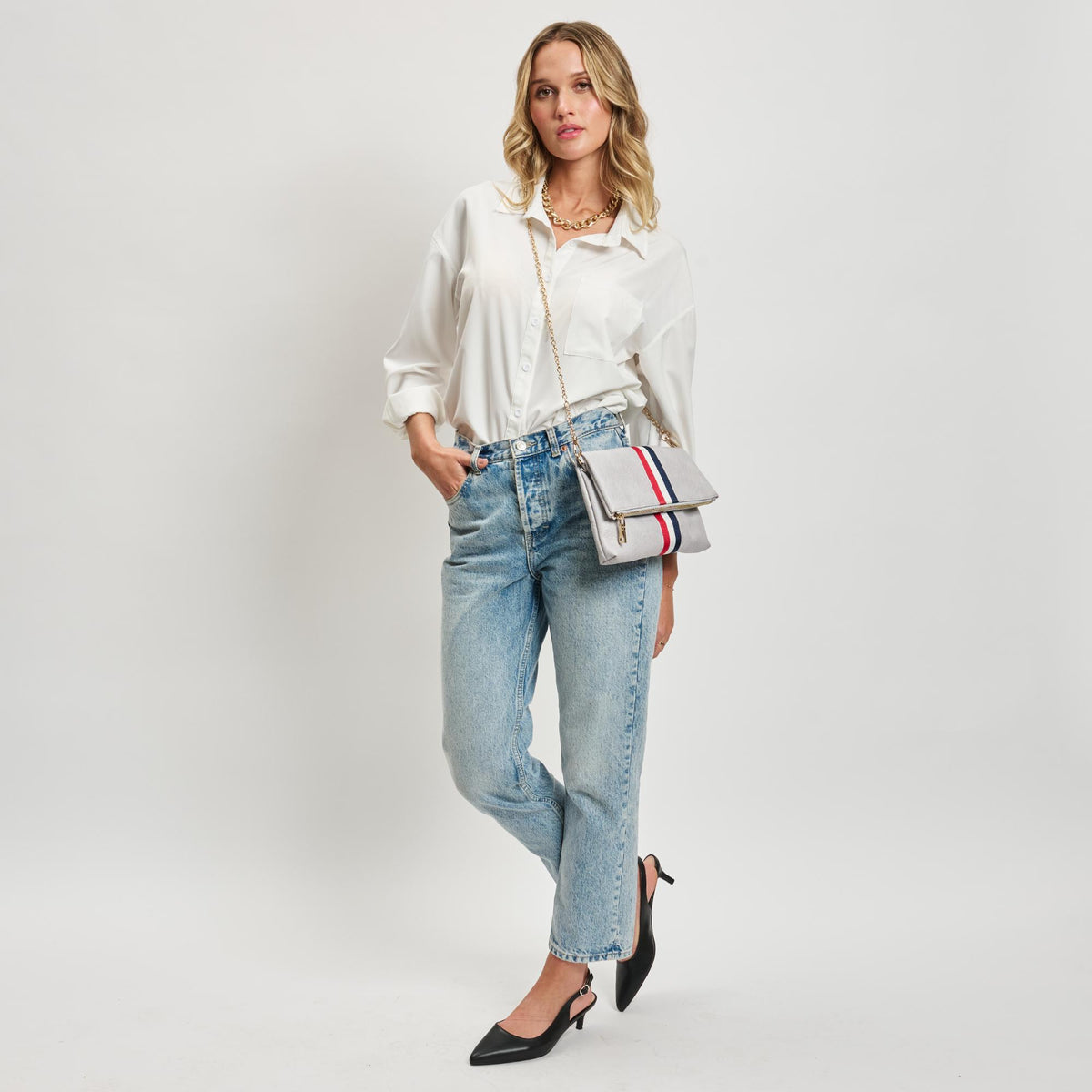 Woman wearing Dove Grey Moda Luxe Jules Clutch 842017120094 View 3 | Dove Grey