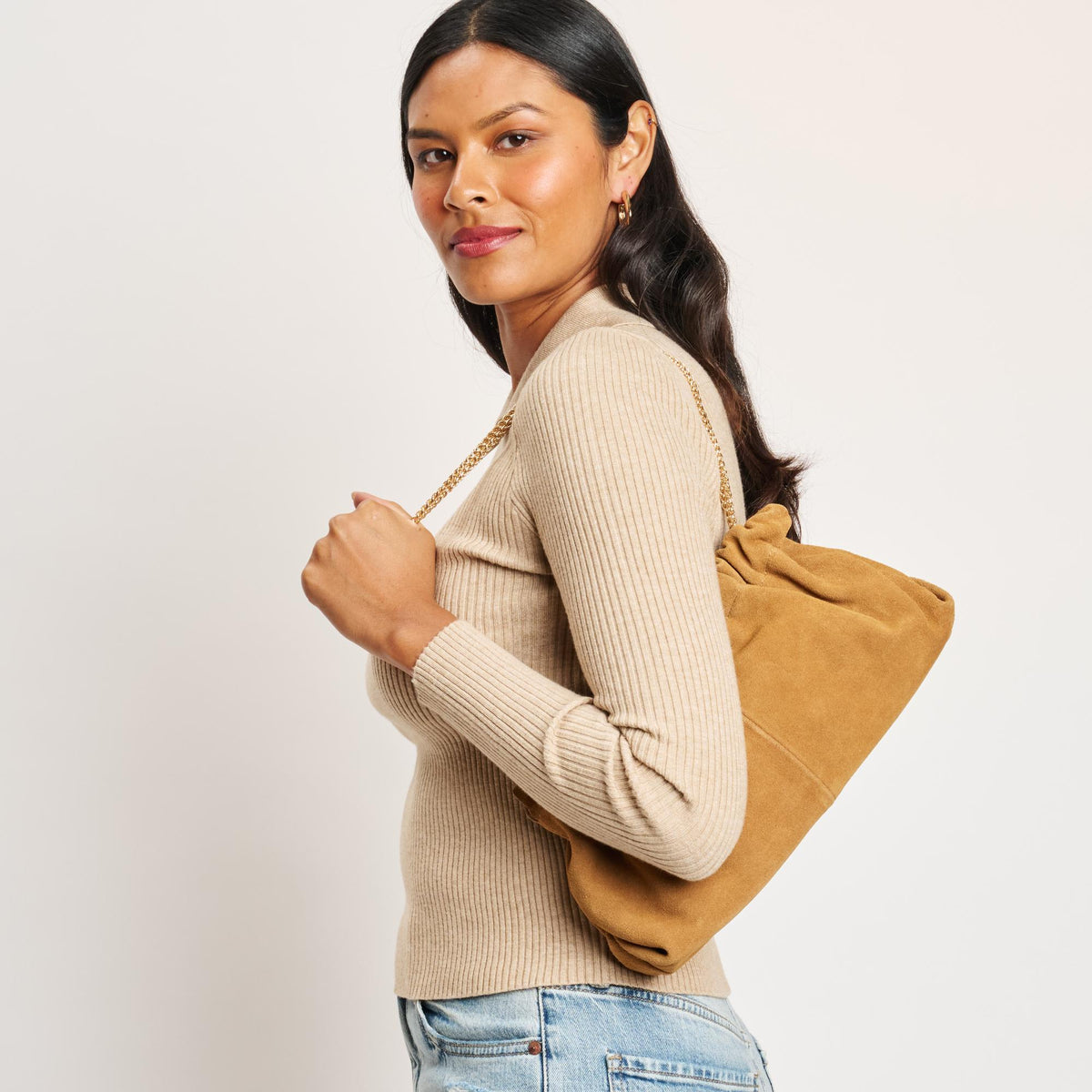 Woman wearing Tan Moda Luxe Penelope Shoulder Bag 842017139140 View 1 | Tan