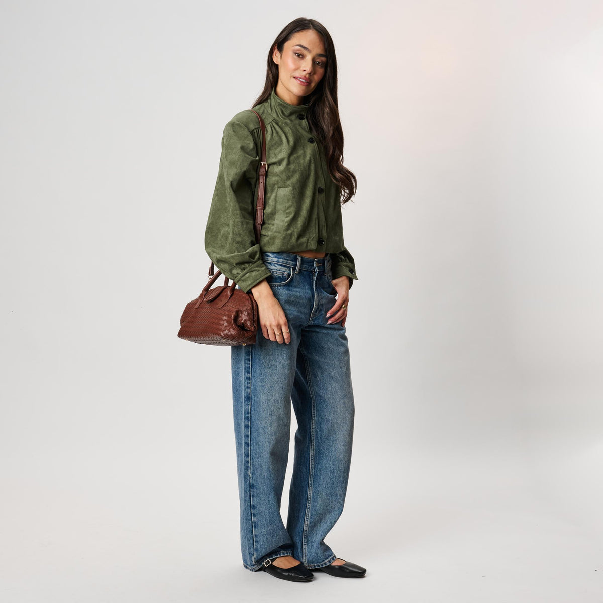 Woman wearing Chocolate Moda Luxe Brookhaven Satchel 842017142782 View 4 | Chocolate