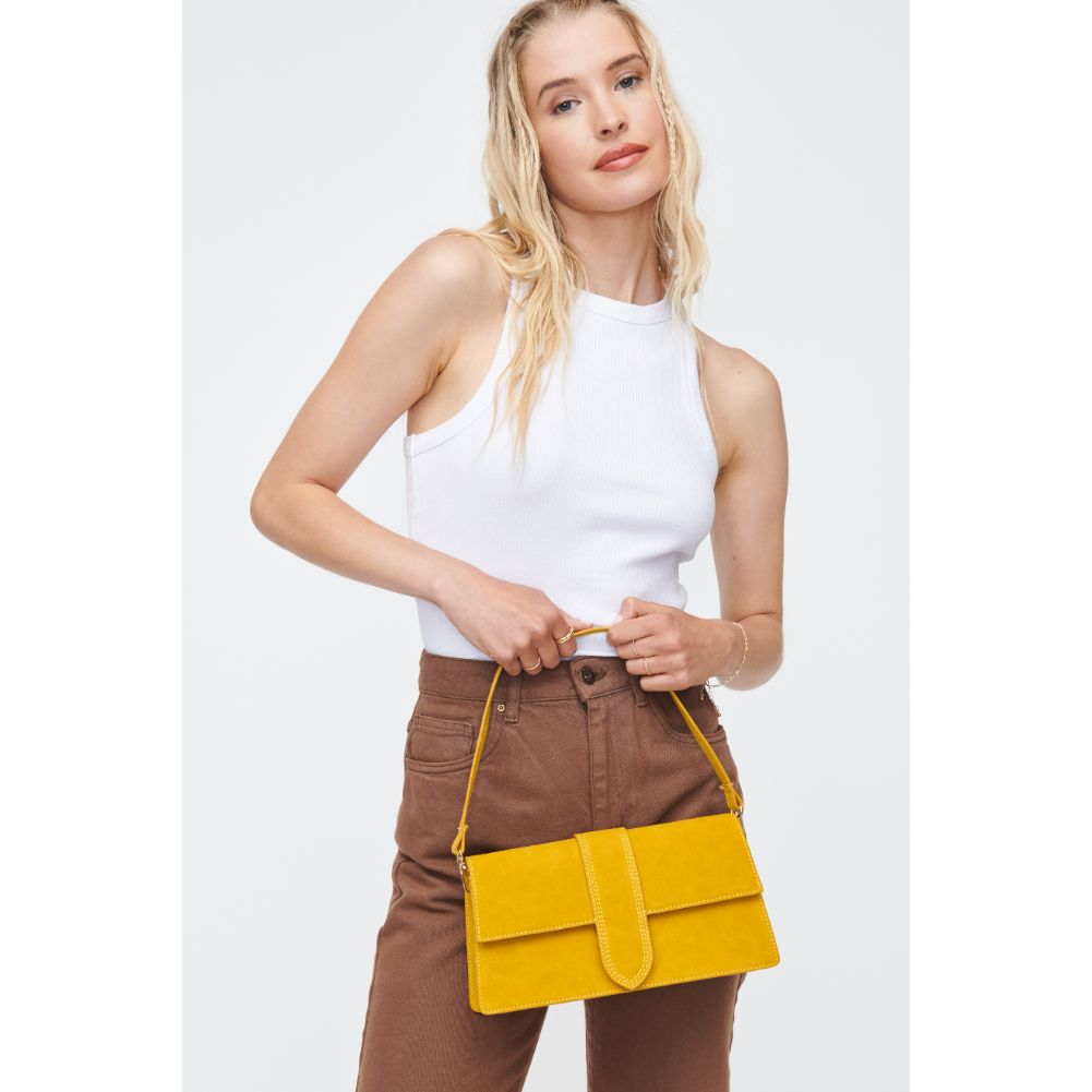 Woman wearing Yellow Moda Luxe Violet - Suede Crossbody 842017130758 View 2 | Yellow