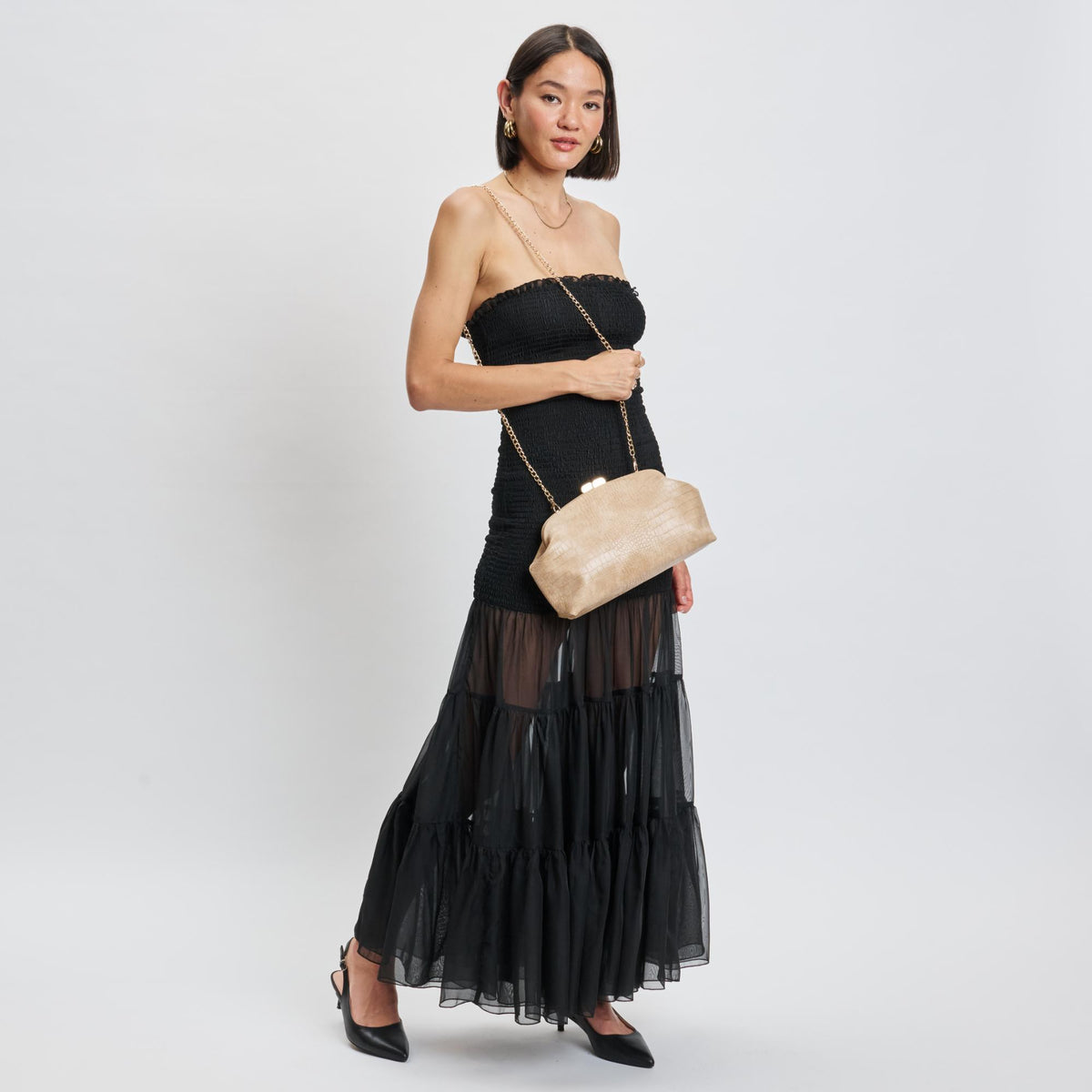 Woman wearing Natural Moda Luxe Camille Clutch 842017139171 View 3 | Natural