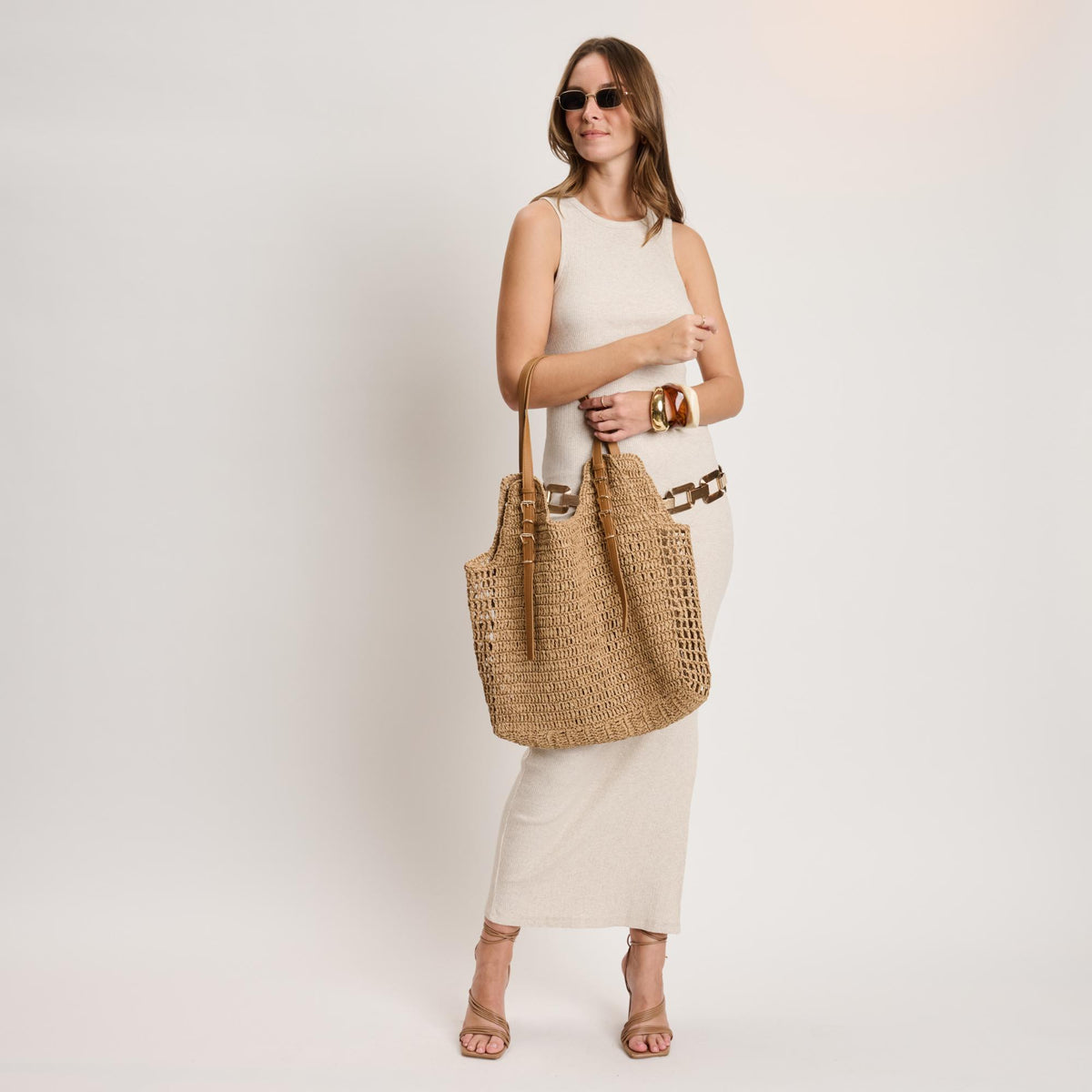 Woman wearing Natural Moda Luxe Reina Tote 842017140733 View 2 | Natural