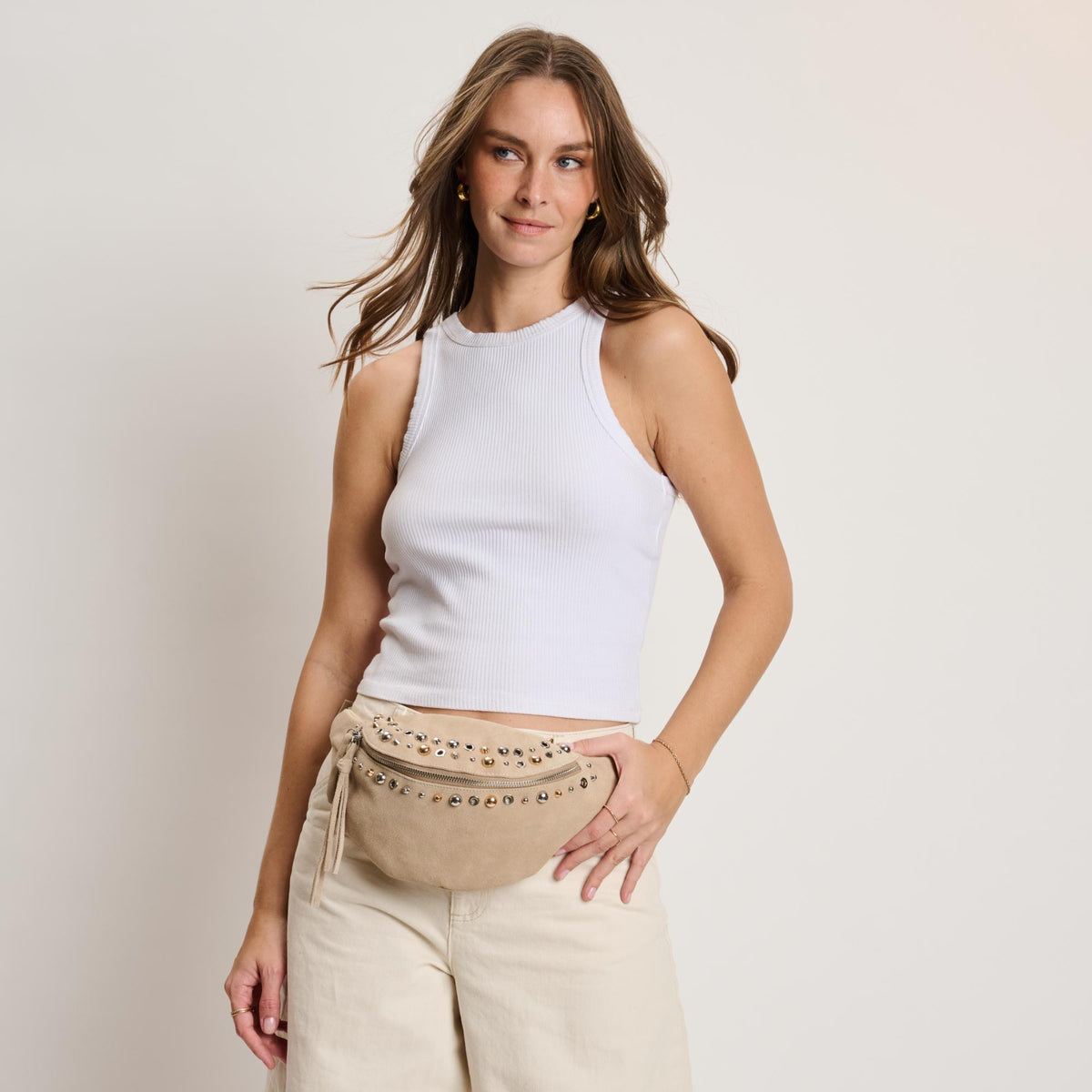 Woman wearing Natural Moda Luxe Star Belt Bag 842017140627 View 4 | Natural