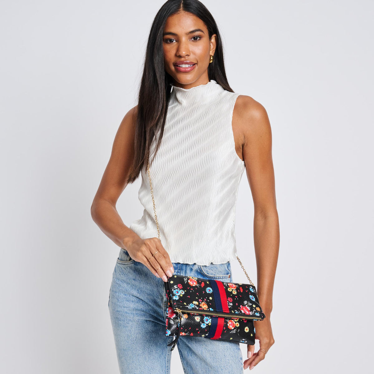 Woman wearing Black Sol and Selene Jules Print Clutch 842017119395 View 2 | Black