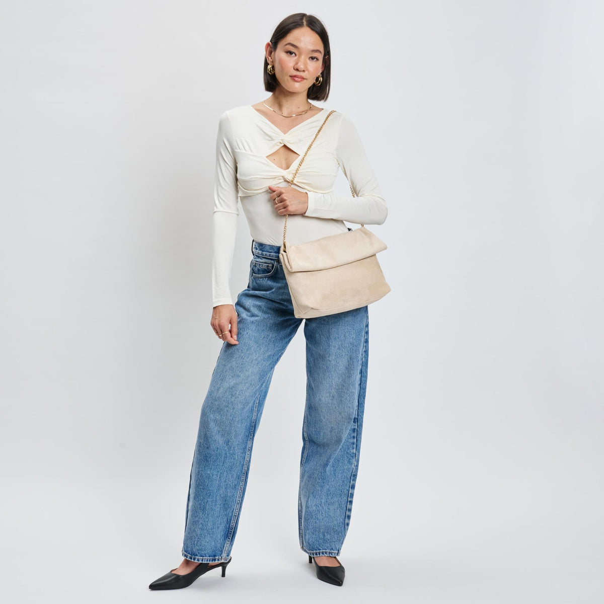 Woman wearing Natural Moda Luxe Zarae Crossbody 842017139980 View 2 | Natural