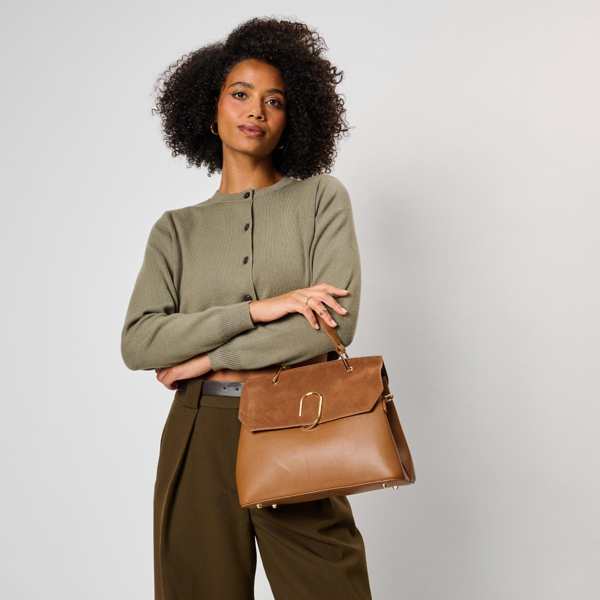 Woman wearing Cognac Moda Luxe Nico Satchel 842017143406 View 1 | Cognac