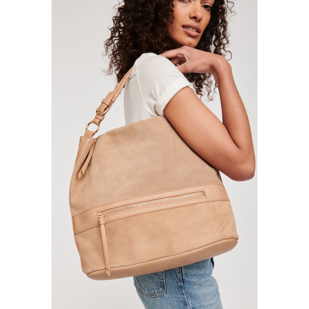 Woman wearing Natural Moda Luxe Isabella Hobo 842017122401 View 2 | Natural