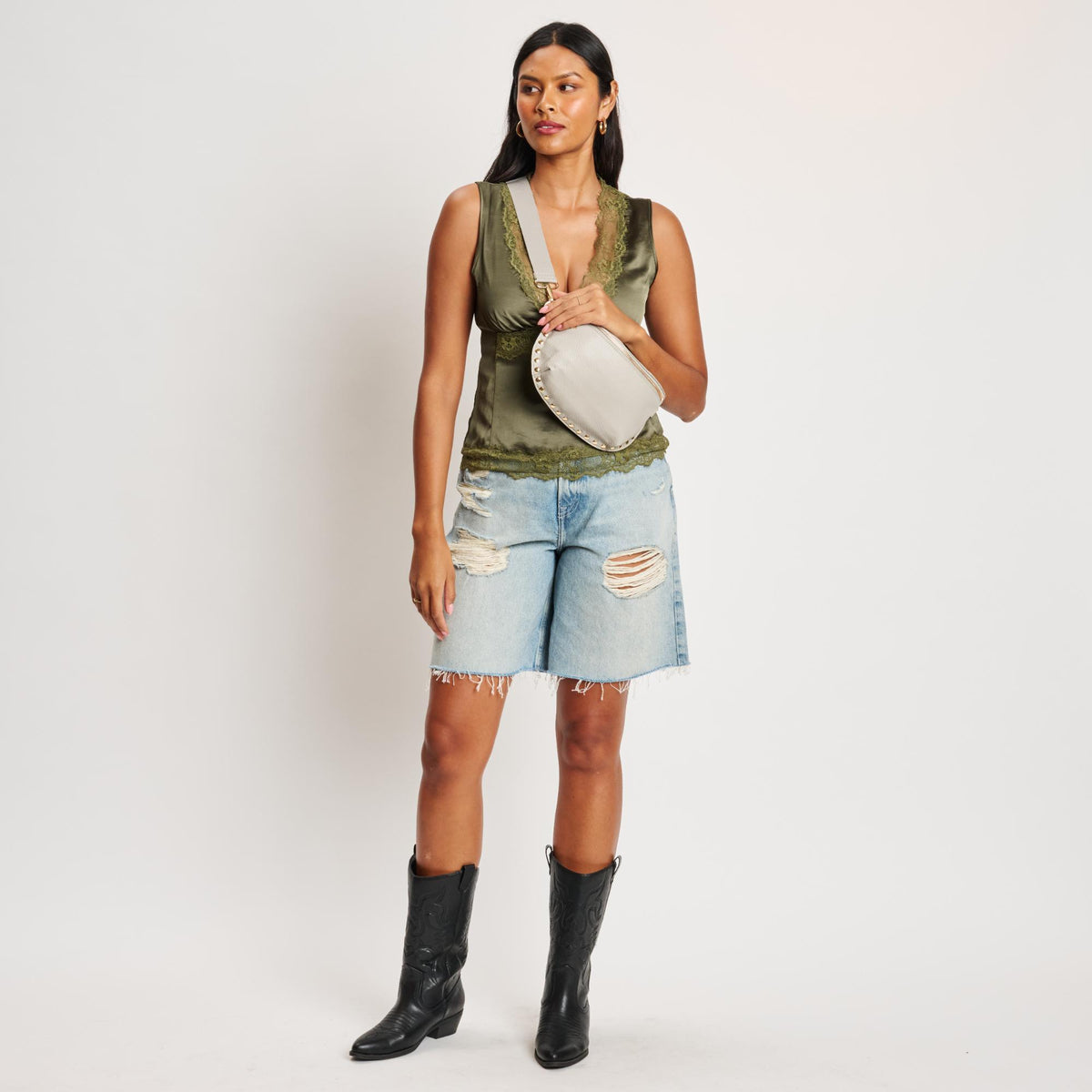 Woman wearing Stone Moda Luxe Gizelle Belt Bag 842017139669 View 3 | Stone