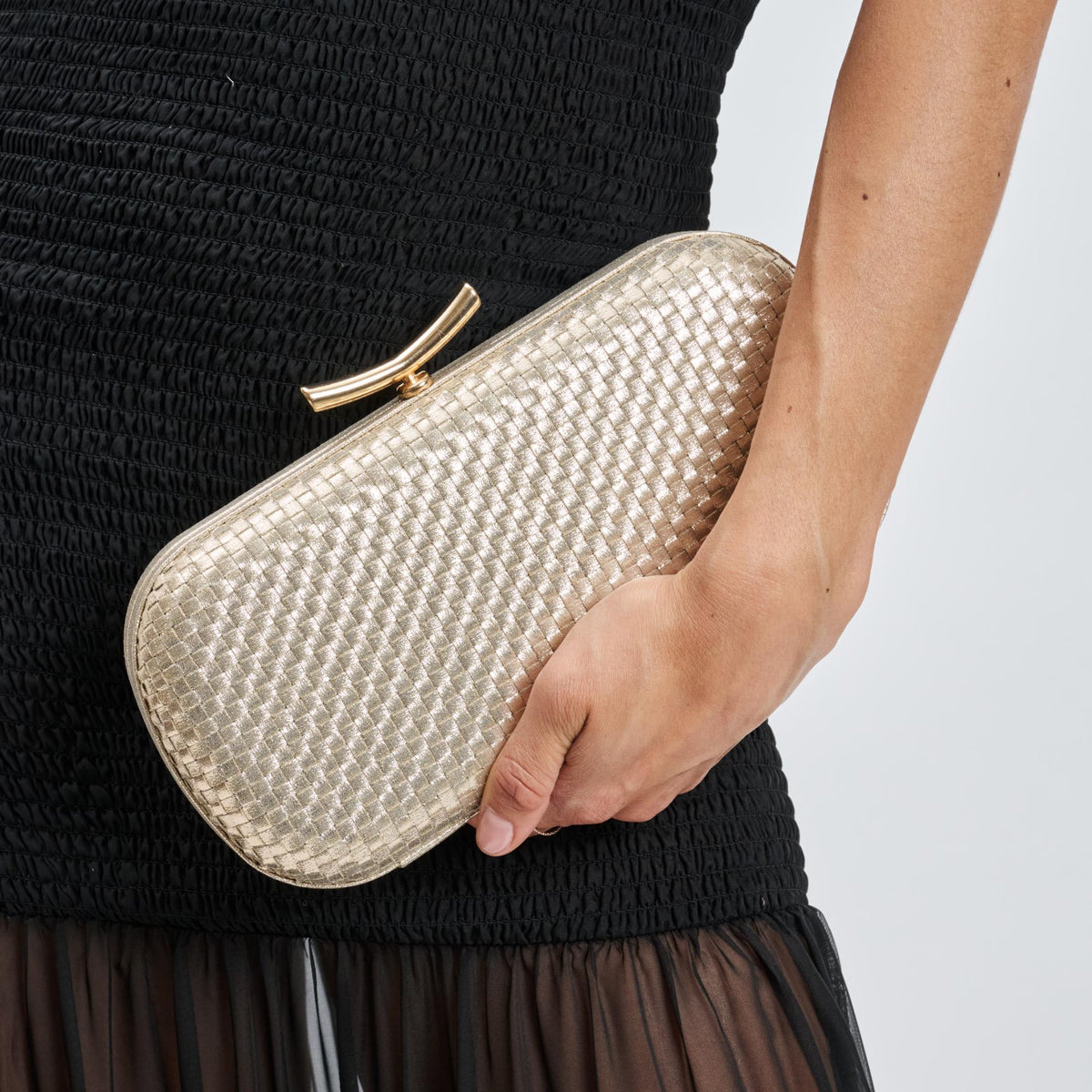 Woman wearing Gold Moda Luxe Victoria Evening Bag 842017139461 View 4 | Gold