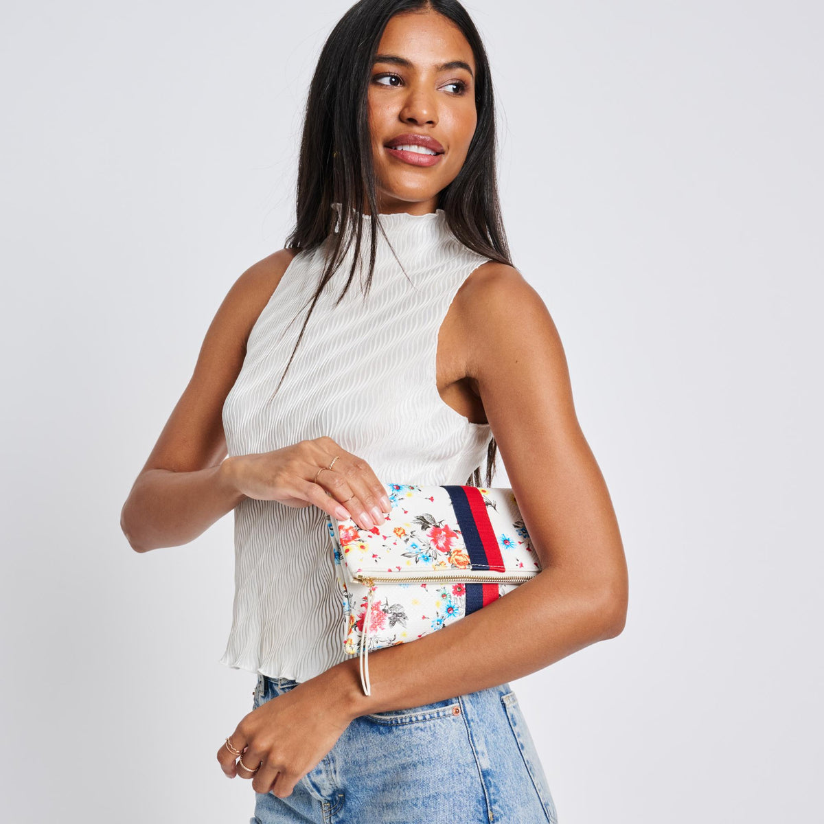 Woman wearing White Sol and Selene Jules Print Clutch 842017119401 View 2 | White