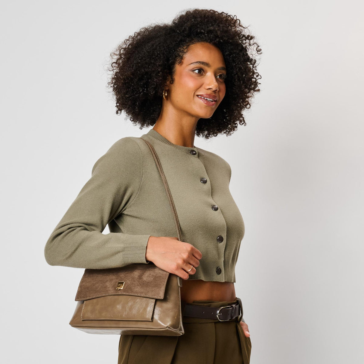 Woman wearing Taupe Moda Luxe Aly Crossbody 842017143062 View 2 | Taupe