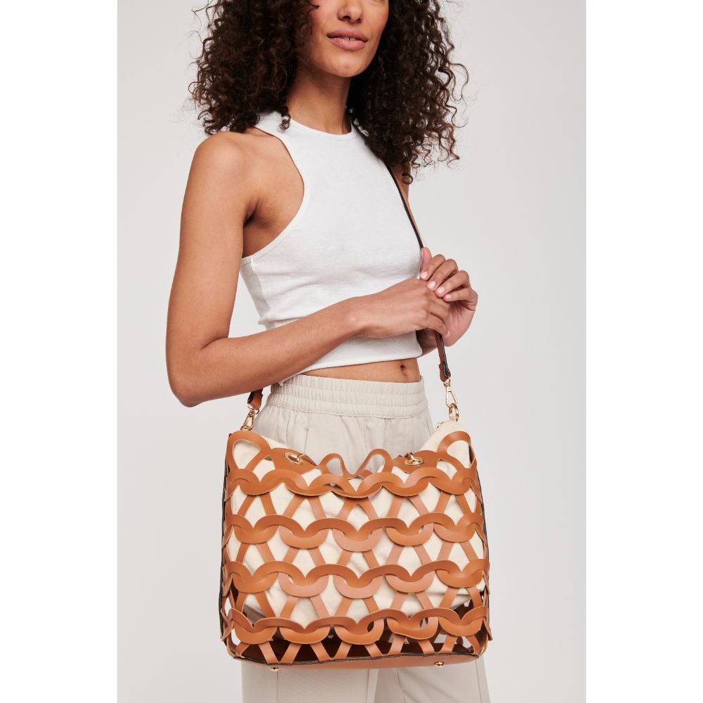 Woman wearing Tan Moda Luxe Paige Tote 842017120162 View 4 | Tan