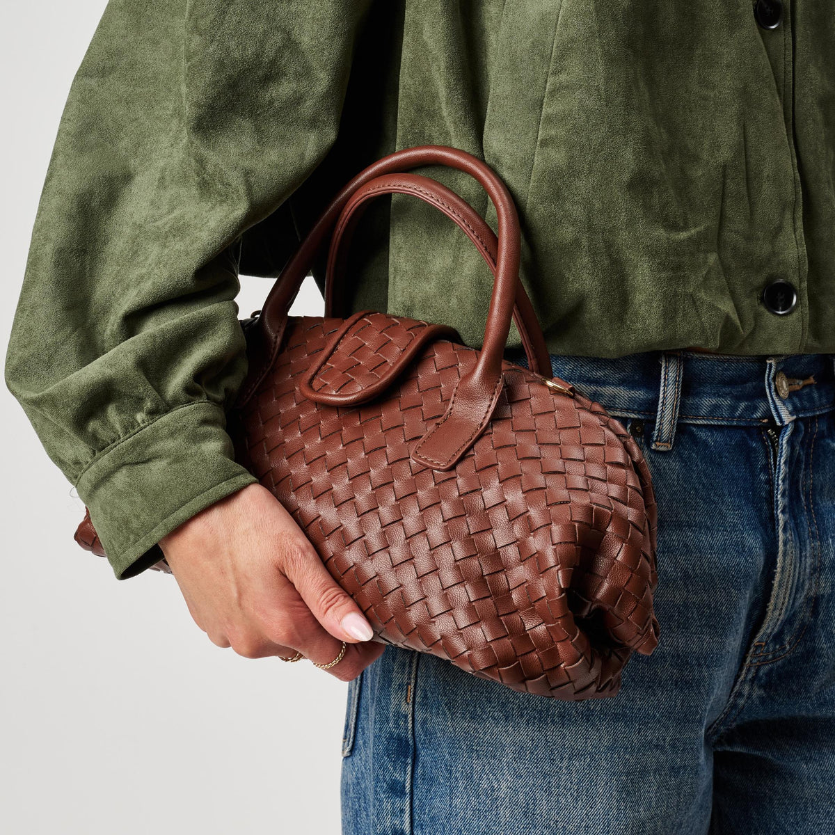 Woman wearing Chocolate Moda Luxe Brookhaven Satchel 842017142782 View 2 | Chocolate