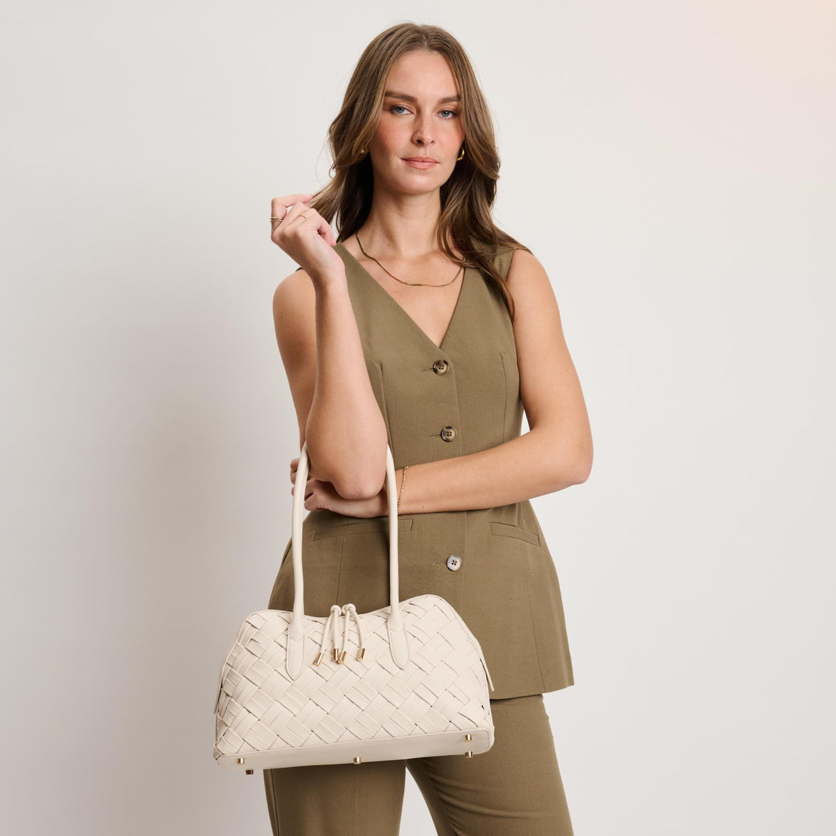 Woman wearing Oatmilk Moda Luxe Lotus Shoulder Bag 842017140801 View 2 | Oatmilk