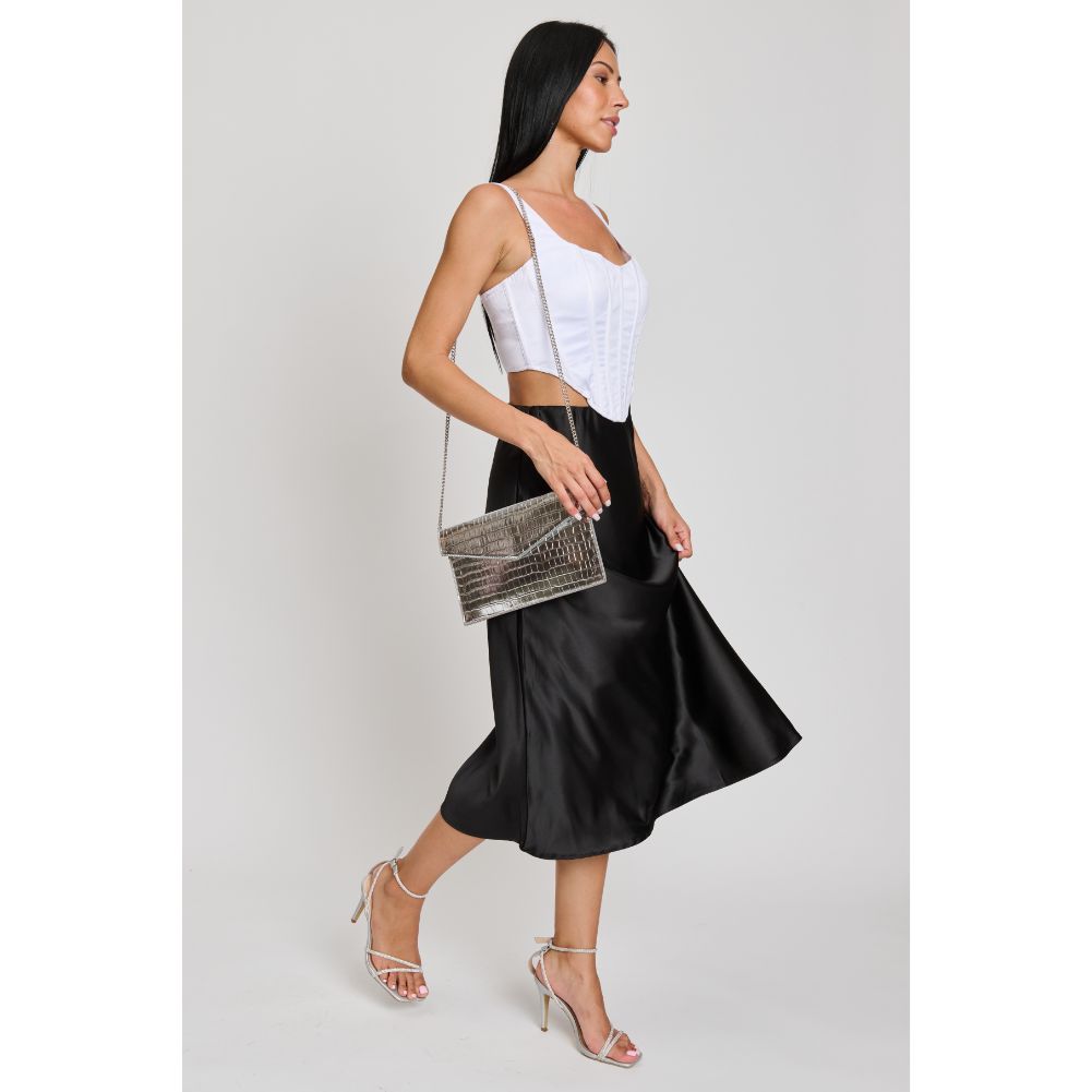 Woman wearing Silver Sol and Selene Katniss Clutch 842017133773 View 3 | Silver