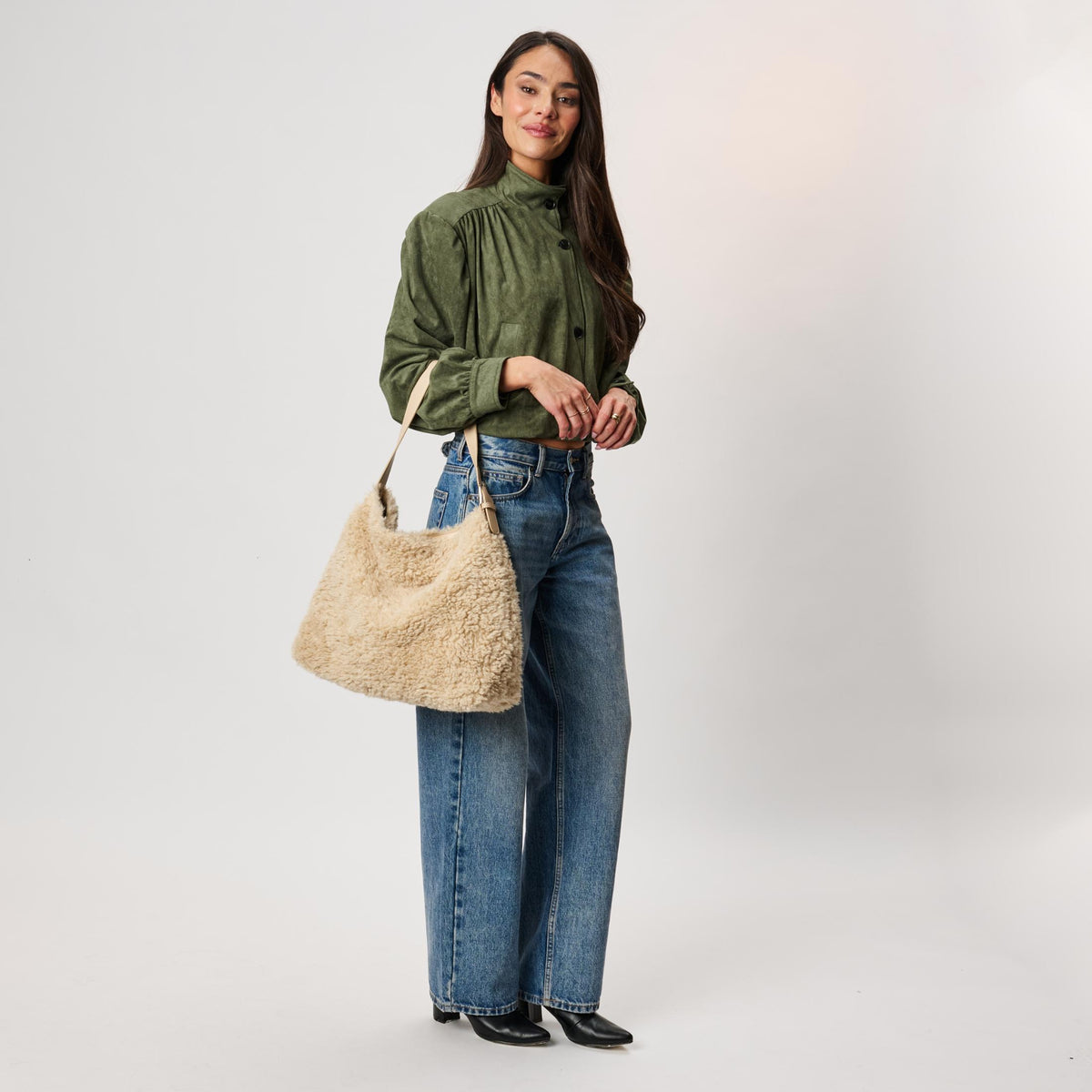 Woman wearing Cream Moda Luxe Neve Sherpa Tote 842017142454 View 4 | Cream