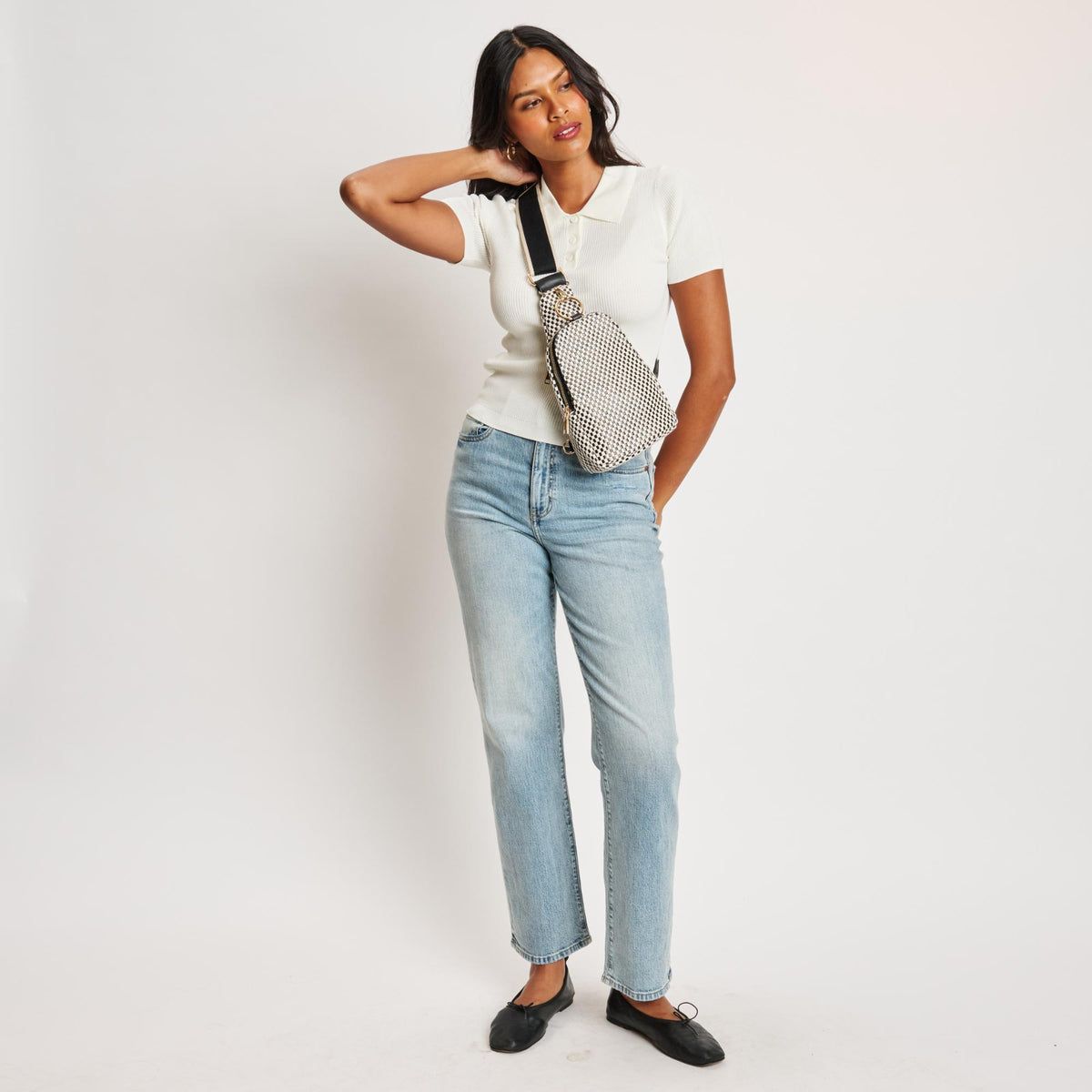 Woman wearing Black White Sol and Selene Regina Checkered Backpack 842017136194 View 4 | Black White