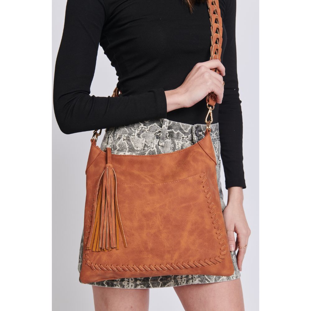 Woman wearing Tan Moda Luxe Layla Crossbody 842017129493 View 3 | Tan