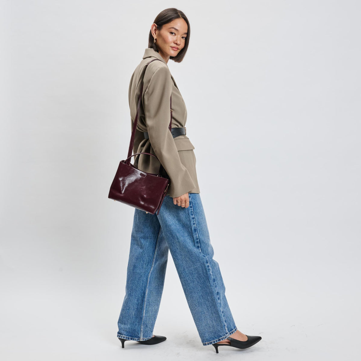 Woman wearing Burgundy Sol and Selene Sophie Crossbody 842017139485 View 4 | Burgundy