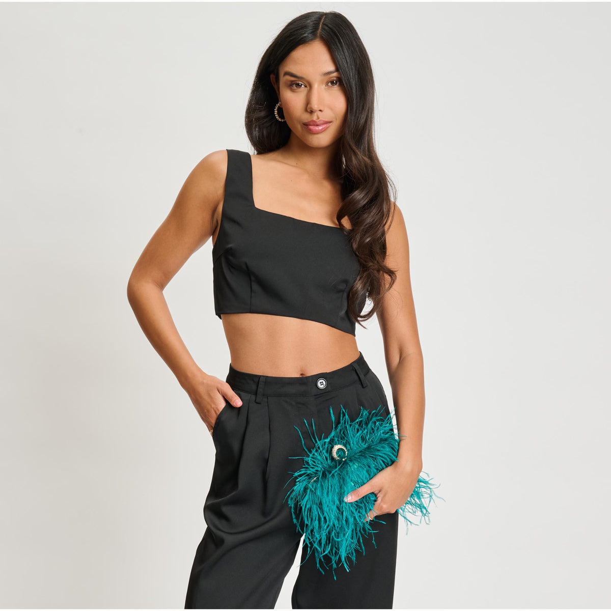 Woman wearing Turquoise Sol and Selene Harlow Evening Bag 842017133902 View 2 | Turquoise