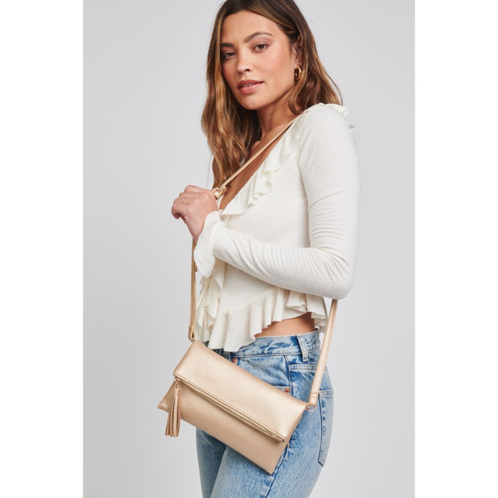 Woman wearing Gold Moda Luxe Kingsley Crossbody 842017121428 View 1 | Gold