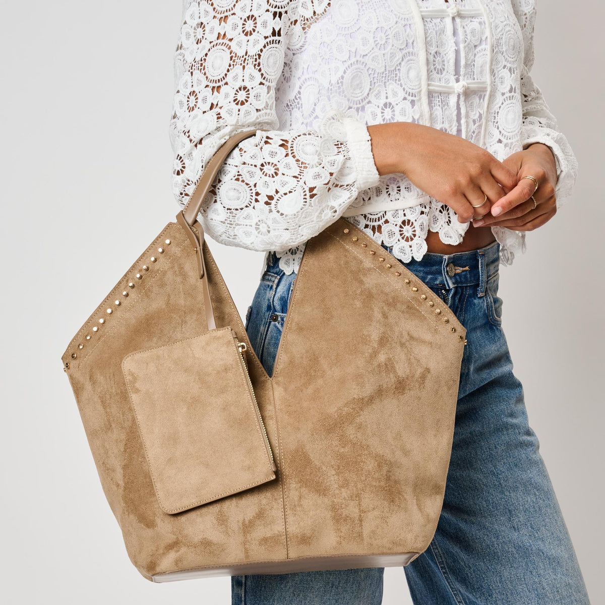 Woman wearing Taupe Moda Luxe Miranda Tote 842017142966 View 1 | Taupe